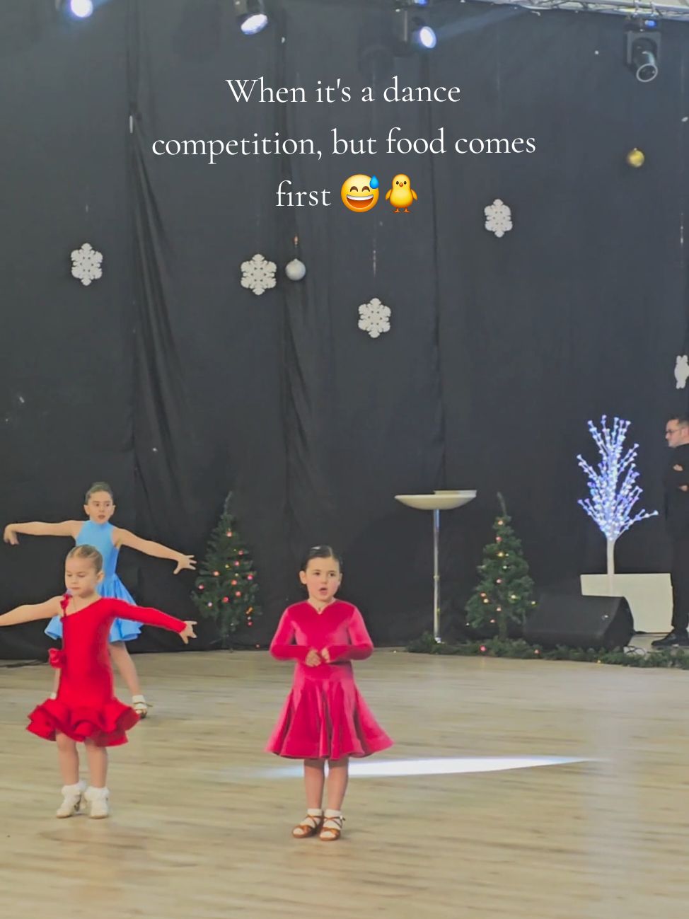 When it's a dance competition, but food comes first 🐥😅 #hungry #cute #food #girl #little #competetion #dance #funny 