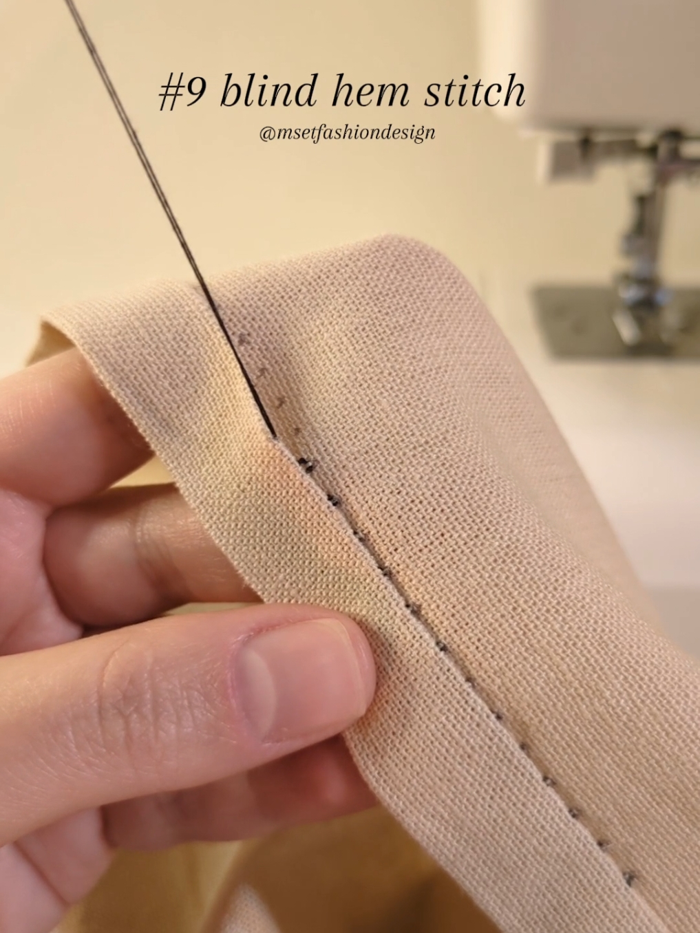 How to sew a blind hem stitch: read below 👇  A blind hem stitch is used to create a hem that is not visible once finished, It's quick and simple and it joins two pieces of fabric with practically invisible seams.  Use a matching thread and a single thread for lightweight fabrics and double thread for medium weight fabrics. Fold the hem twice, insert the needle into the folded edge and hide the knot. Take 1 or 2 thread from the wrong side and pull the needle through. Insert the needle into the folded edge and sew a small stitch. Repeat until you reach the end of the hem. Tie the thread into the loop of the last stitch and hide the thread tail and trim the excess thread. 🪡🫶✨ #sewingtiktok #handstitching #sewingforbeginners #blindhem 