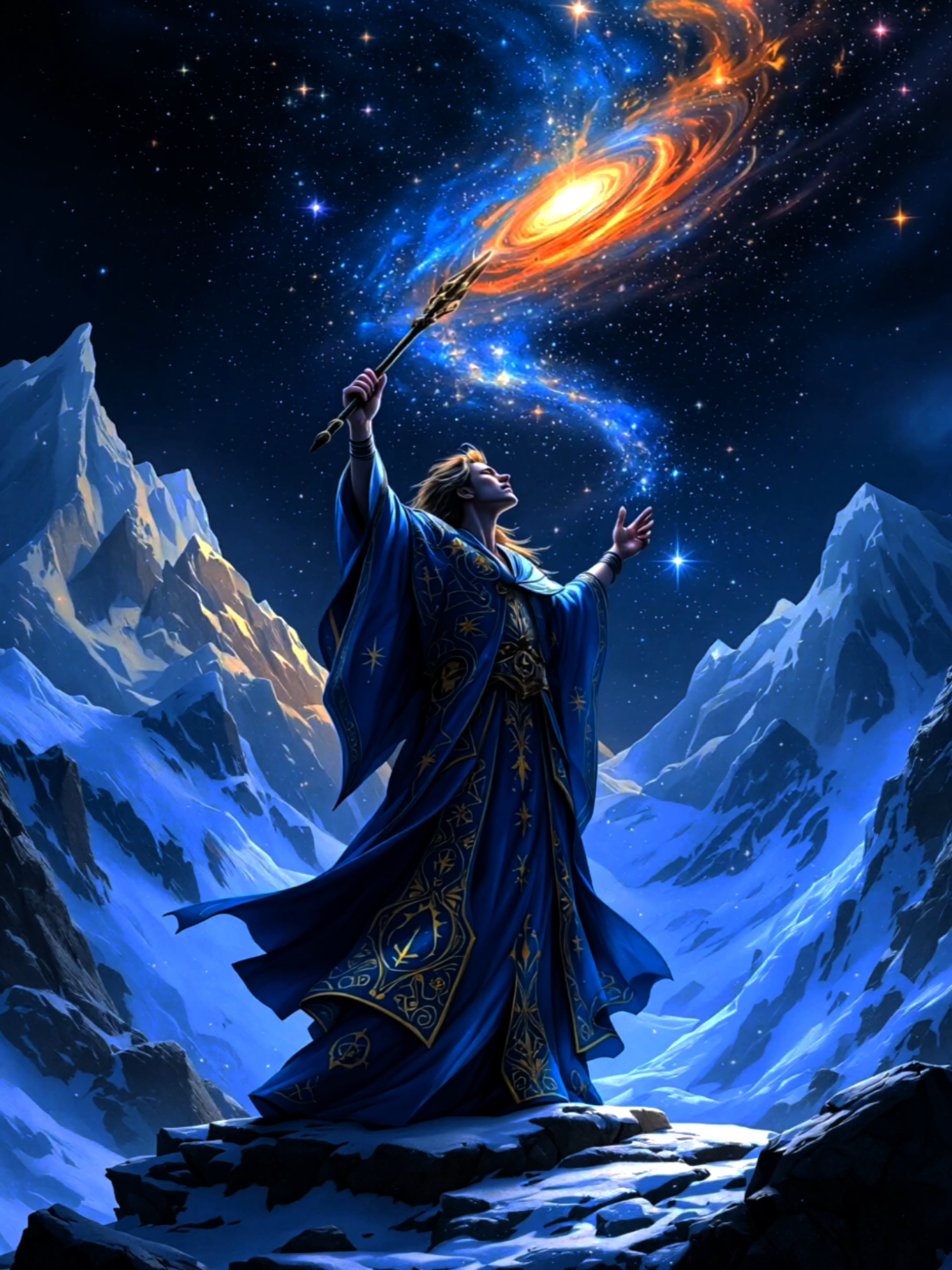 A celestial sorcerer in flowing blue robes adorned with golden constellations summons a newborn star. With a majestic staff raised towards the heavens, swirling galaxies and stardust erupt, illuminating the night sky with cosmic brilliance. This is a moment where magic meets the infinite universe. #livewallpaper #4klivewallpaper #astarisborn #devine #sorcerer #magic #supernova #galaxy #summoning #spiritual #public #fyp #fyi 