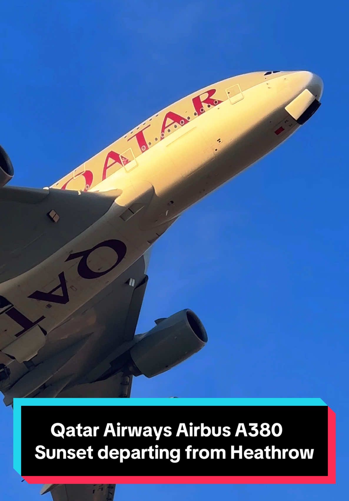 Qatar Airbus A380 sunset departing from London Heathrow Airport! 😍✈️🇶🇦 #airbus #airbusa380 #qatar #aviation #airplane #takeoff #planespotting #avgeek #fyp