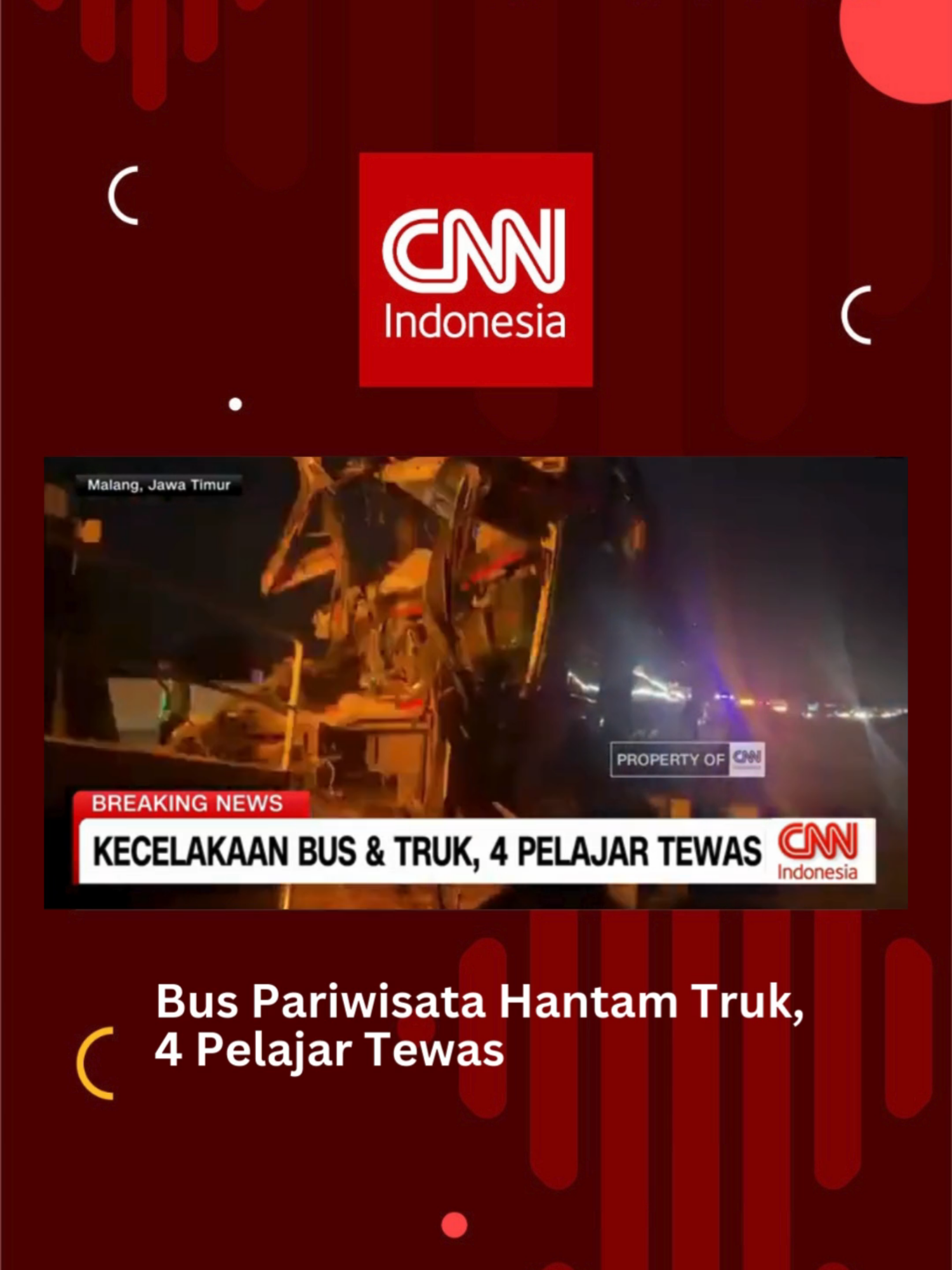 Kecelakaan tragis terjadi antara sebuah bus pariwisata dan truk di jalan raya, yang mengakibatkan empat pelajar tewas. Kejadian tersebut terjadi saat bus yang membawa rombongan pelajar mengalami tabrakan dengan truk yang melintas di jalur yang sama. Insiden ini mengakibatkan kerusakan parah pada bagian depan bus, dengan beberapa penumpang terlempar keluar dari kendaraan. #Kecelakaan