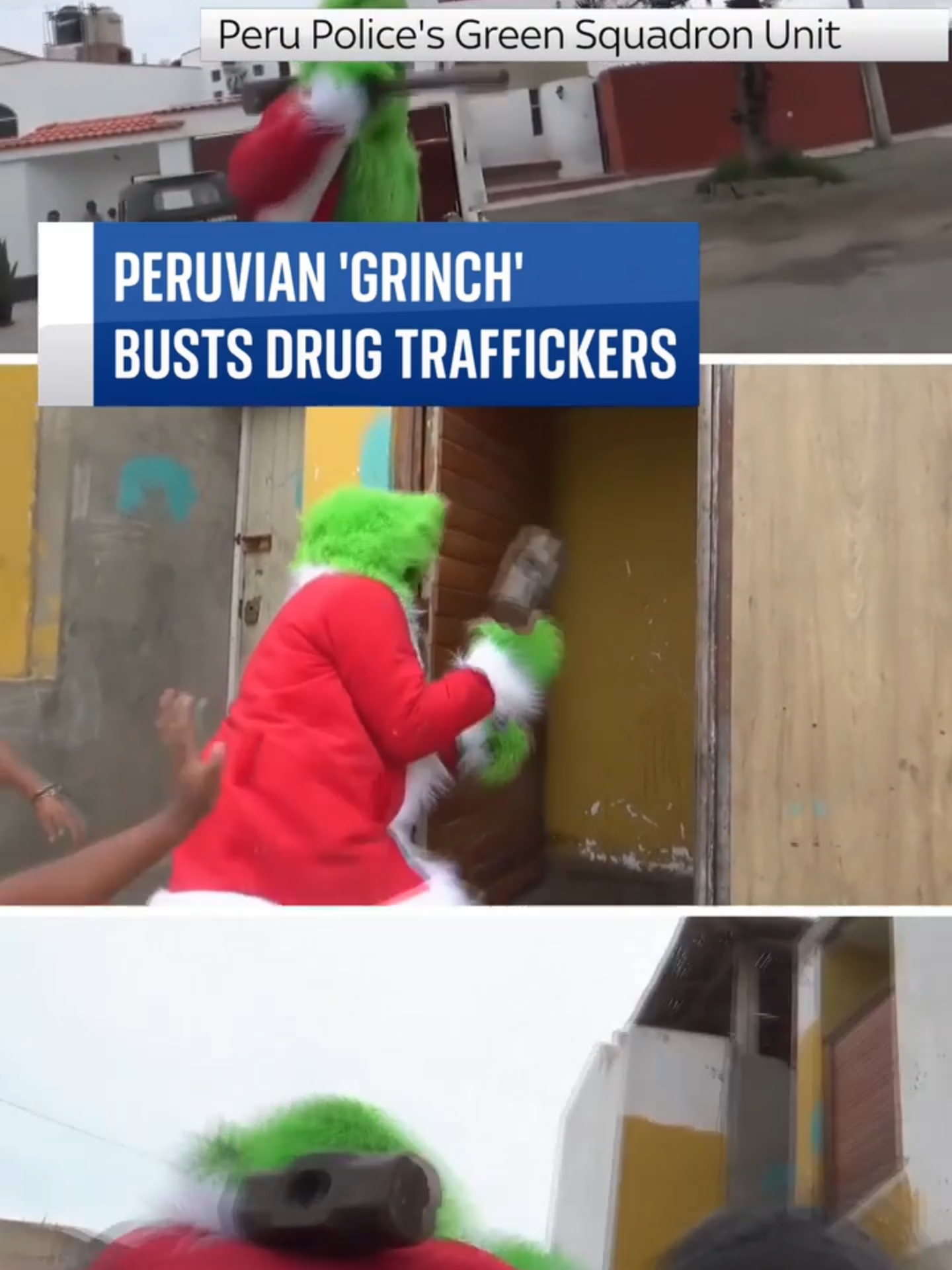 A #drugsraid with an odd difference was carried out in #Lima, #Peru  with the principal officer involved dressed as the #Grinch   The famous green costume enabled the officer to approach the target building as part of #christmascelebrations without being detected by suspects.