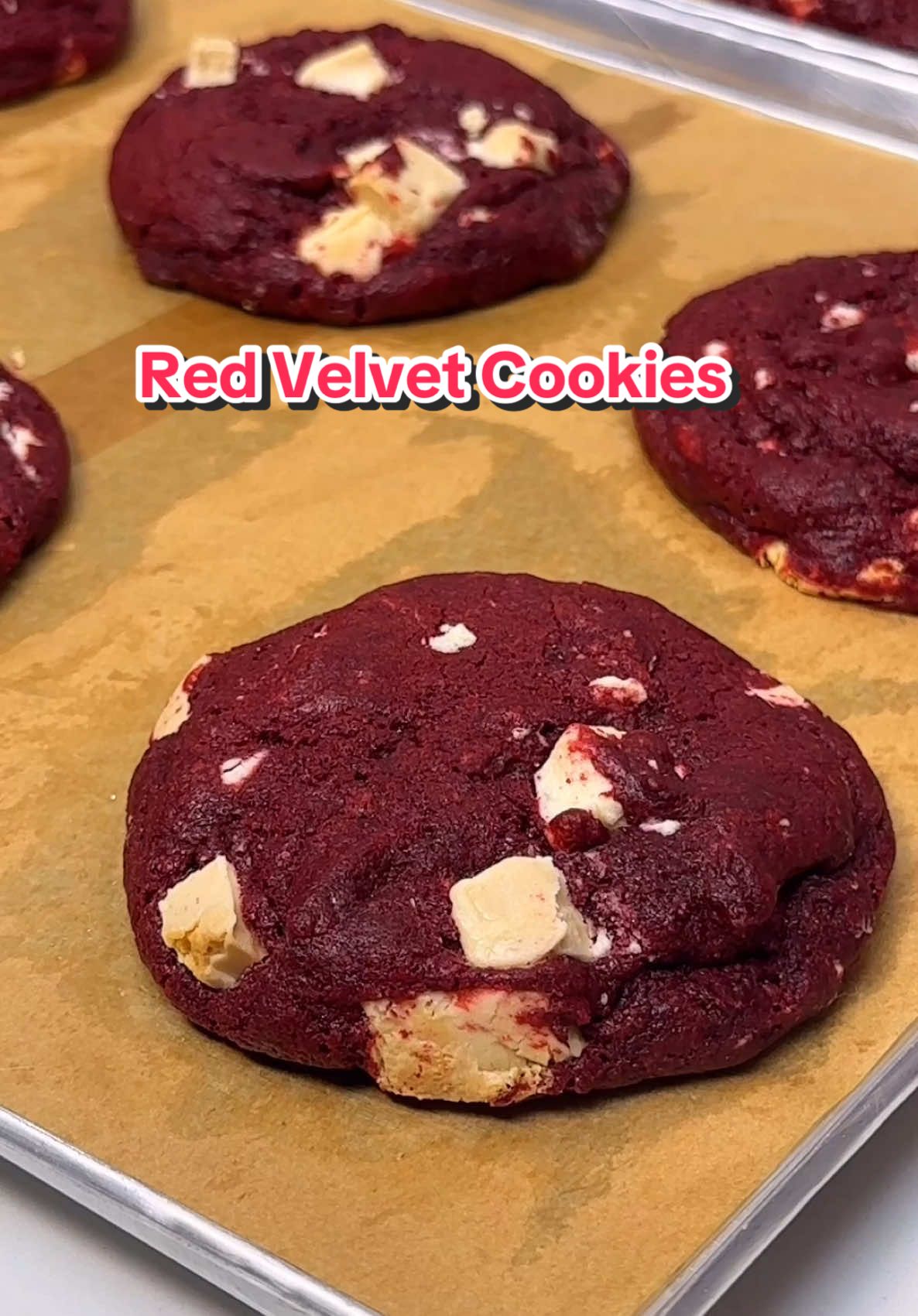 Red Velvet Cookies | No Mixer, No Chill #Recipe ⤵️ ✔️Ingredients 1/2 cup unsalted butter (115g) 1/2 cup brown sugar (100g) 1/2 cup white sugar (100g) 1 whole large egg (60g) 1 tsp vanilla extract (5ml) 2 tsp red food coloring (10ml) 2 cups all purpose flour (270g) 1 tsp baking powder (5g) 1 tsp baking soda (5g) 2 tbsp cocoa powder (15g) 1/2 tsp salt (3g) 300 grams white chocolate chunks/chips •Recipe Yields: 10 pieces large cookies (90 - 100 grams each) #redvelvet #cookie #pastry #whitechocolate #baking #bakery #tutorial #food #foodtiktok #baketok #yeastmodeph 