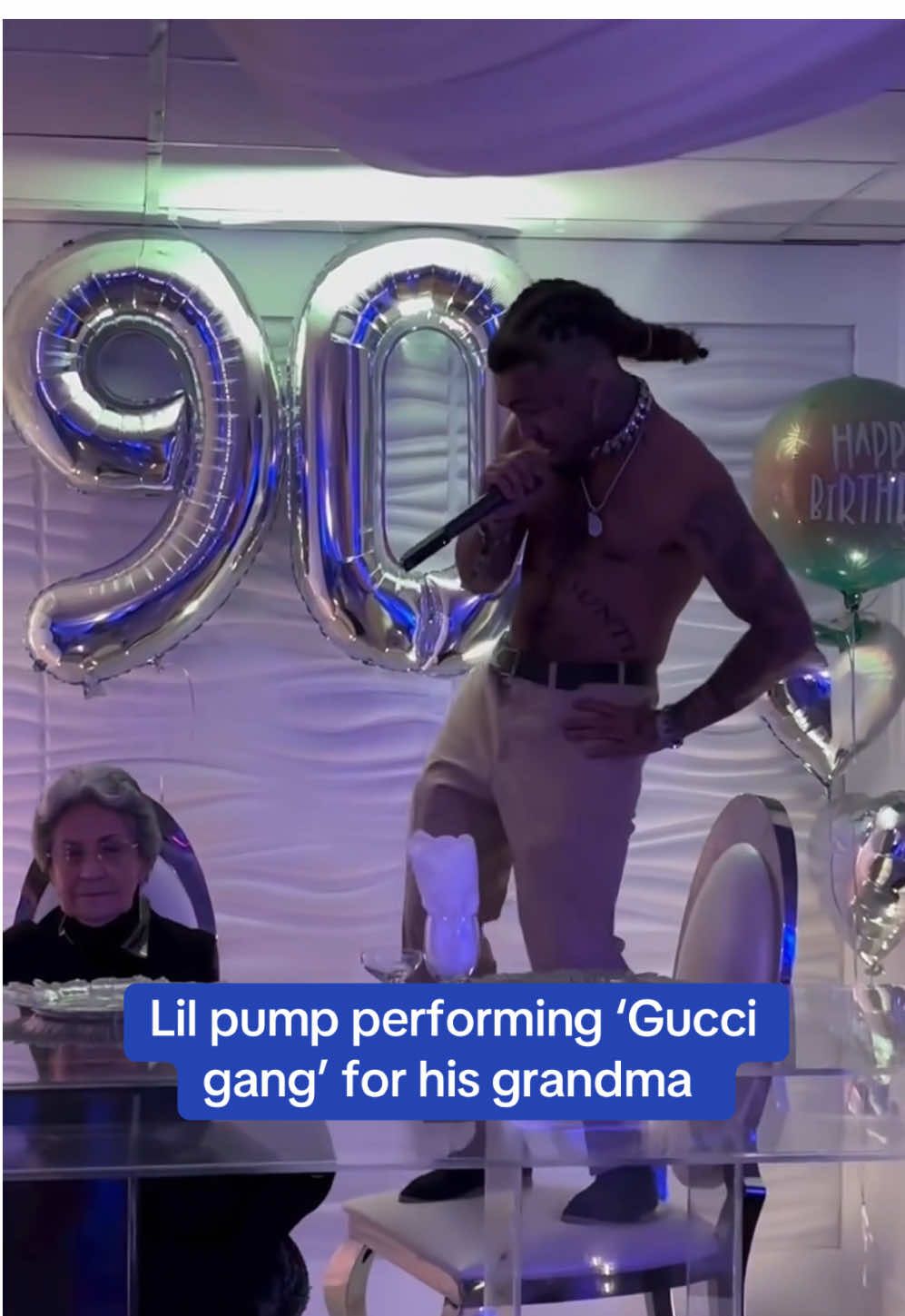 Not sure how she felt about that 👀😅 Lil Pump performed his hit 2017 song ‘Gucci Gang’ for his grandma on her 90th birthday.  🎥IG/lilpump #lilpump #rappers #rap #hiphop #Music #Usa 