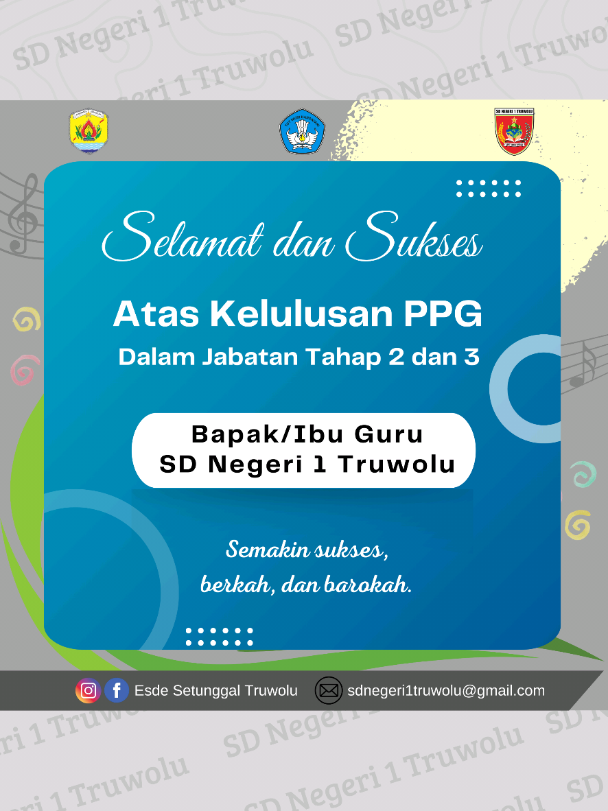 Selamat dan sukses kepada rekan guru yang telah lulus PPG Dalam Jabatan Tahap 2 dan 3. Semoga pencapaian ini menjadi langkah awal menuju keberhasilan yang lebih besar lagi dalam dunia pendidikan. Semoga ilmu yang didapatkan bermanfaat, dan dapat memberikan berkah serta barokah, baik untuk diri sendiri, siswa, maupun masyarakat. Terus semangat dalam mengabdi dan memberikan yang terbaik untuk generasi penerus bangsa.   Kepala SDN 1 Truwolu Ttd Eko Budiyono, S.Pd.SD., M.Pd. #selamat #sukses #lulusppg #ppgdaljab #sdn1truwolu #korwilcamngaringan #kecamatanngaringan 