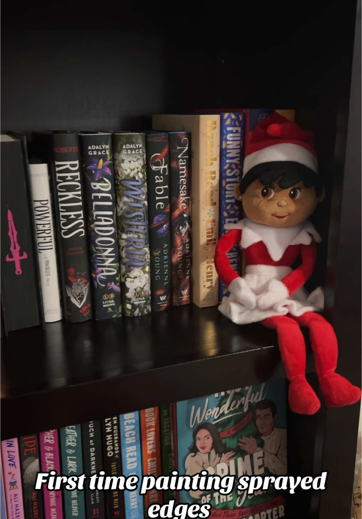 First time painting sprayed edges! I think next time I want to try spray paint, but this was a fun experience! 💕 #fypシ #fyp #foryoupagee #BookTok #booktoker #powerless #powerlesslaurenroberts #bookshelf #christmas #crafts #fantasybooks #fantasybooktok #elf #elfontheshelf #sprayededges 