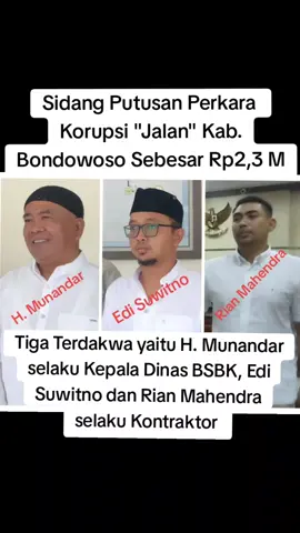 BERITAKORUPSI.CO – Senin, 23 Desember 2024, Majelis Hakim Pengadilan Tipikor pada PN Surabaya, bersama JPU Kejari Bondowoso kembali menggelar sidang perkara  Korupsi pekerjaan  Rekonstruksi Jalan Bata - Tegal Jati Kabupaten Bondowoso tahun 2022 yang tidak sesuai dengan spesifikasi pekerjaan sebagaimana tercantum dalam Surat Perjanjian Nomor :  10.2.01.08/014/PPK-Rekons.D2/1.03.0.00.0.00.01.00/2022 tanggal 14 Juli 2022 hingga merugikan keuangan negara sebesar Rp2.262.216.860,21  berdasarkan Laporan Hasil Audit BPKP Perwakilan Provinsi Jawa Timur Nomor : PE.03.03/SR-378/PW13/5.2/2024 tanggal 21 Juni 2024. Sidang yang berlangsung di ruang sidang Cakra Pengadilan Tipikor pada PN Surabaya di Jalan Raya Juanda Sidoarjo Jawa Timur adalah agenda putusan oleh Majelis Hakim terhadap Tiga Terdakwa  Ketiga Terdakwa adalah H. Munandar, S.P., M.M Bin Adjib (Alm) selaku Kepala Dinas Bina Marga Sumber Daya Air dan Bina Konstruksi  Kab.  Bondowoso dan juga selaku Pengguna Anggaran (PA) sekaligus selaku PPK tahun 2021 – 2023 dan Terdakwa Edy Suyitno selaku Direktur CV. Raelina Dwikania Jaya serta Terdakwa Rian Mahendra selaku Persero Komanditer dan/atau selaku Pengendali atau selaku Beneficial Owner CV. Raelina Dwikania Jaya  Majelis Hakim mengatakan, bahwa Terdakwa H. Munandar, Terdakwa Edi Suwitno dan Terdakwa Rian Mahendra terbukti secara sah meyakinkan bersalah melakukan Tindak Pidana Korporasi sebagaimana diatur dan diancam pidana dalam Pasal 3 Jo Pasal 18 UU No 31 Tahun 1999 Tentang Pemberantasan Tindak Pidana Korporasi Jo Pasal 55 ayat (1) Ke- 1 KUHP  Terdakwa H. Munandar  divonis pidana penjara selama 2 tahun dan denda sebesar Rp300 juta Subsider 3 bulan kurungan Dan Terdakwa Edy Suyitno selaku Direktur CV. Raelina Dwikania Jaya divonis Pidana penjara selama 1 tahun  denda sebesar Rp200 juta subsider 2 bulan kurungan  Serta Terdakwa Rian Mahendra selaku Persero Komanditer dan/atau selaku Pengendali atau selaku Beneficial Owner CV. Raelina Dwikania Jaya dipidana penjara selama 1 tahun denda sebesar Rp100 juta subsider 1 bulan kurungan dan membayar uang pengganti sebesar Rp2.375.700.705,04 yang dikompensasikan dengan barang bukti nomor 77 untuk mengurangi uang pengganti subsider 6 bulan penjara  Atas putusan tersebut, JPU maupun para Terdakwa sama-sama mengatakan pikir-pikir. (Jnt). #bondowoso  #kotatape  #jawatimur  #dinaspu  #korupsi  #proyekjalan  #foto  #video  #sidang  #breakingnews  #beritaterkini  #beritatiktok  #tiktokberita  #fypage  #fypシ  #fyp 