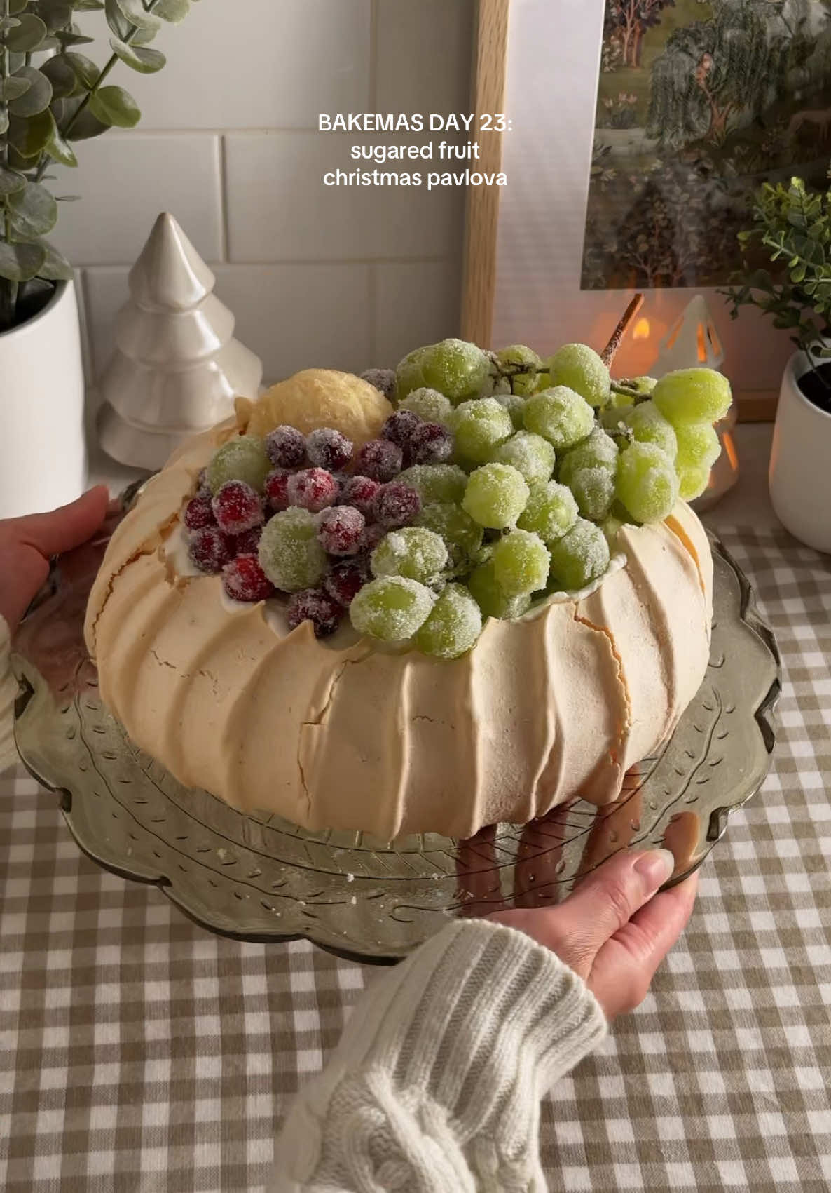 BAKEMAS DAY 23: sugared fruit christmas pavlova 🍇 a crunchy, melt-in-your-mouth meringue shell with a fluffy, marshmallowy center filled wth whipped cream and topped with sugared fruits! this would be the perfect centrepiece on a holiday table!! 4/10 practicality but 10/10 looks ✨ recipe linked in my bio or search “sugared fruit pavlova” on teakandthyme.com 🎄 #pavlova #christmasbaking #christmasdessert #holidaybaking #holidaydesserts #baking 