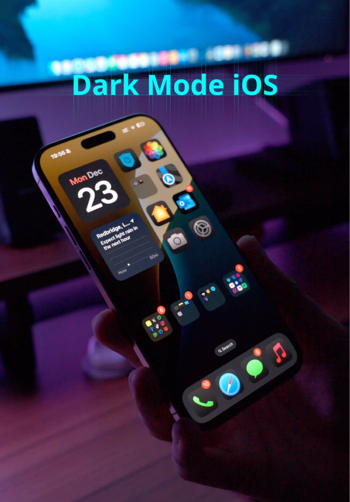 Going full dark mode on the iPhone! There are 2 steps you need to take, change the apps to dark mode, then change the whole theme into dark mode, and for a little extra - enlarge the apps and remove app labels.  Does this look clean?  #darkmode #ios #iphone #iphonetips #ios18 