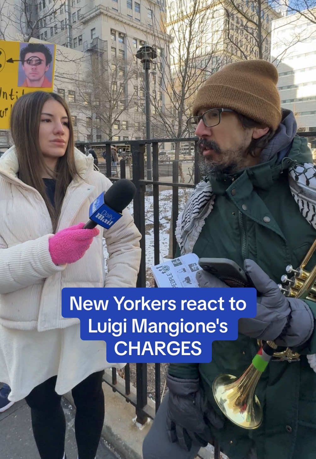 Protestors braved the cold to show support for Luigi Mangione outside of his arraignment hearing on Monday. #luigimangione #ceo #newyorkcity #nyc #court #protestors 