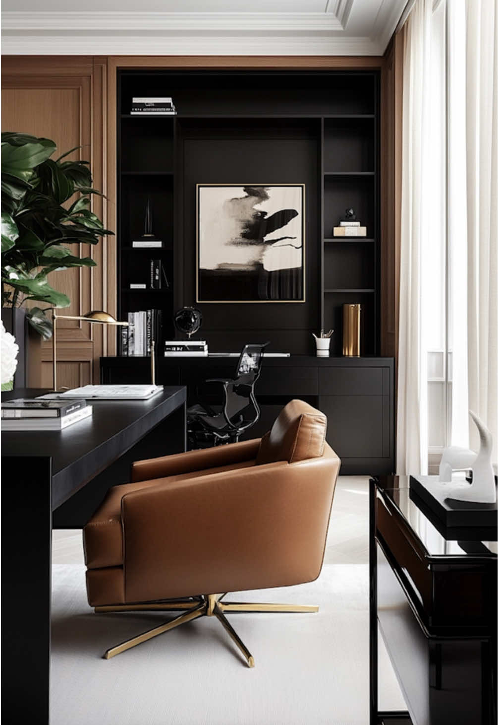 Sophisticated modern home interior design with warm cognac tones, sleek black accents, marble finishes, and timeless leather furniture. High ceilings and natural light enhance its elegance and luxurious appeal. Perfect contemporary interior inspiration.  #homedecor #interiordesign #homeinspiration #timelessinterior #homedecorideas #interiordesignideas #homestyling #interiortrends #homedecorlovers #interiordecor 