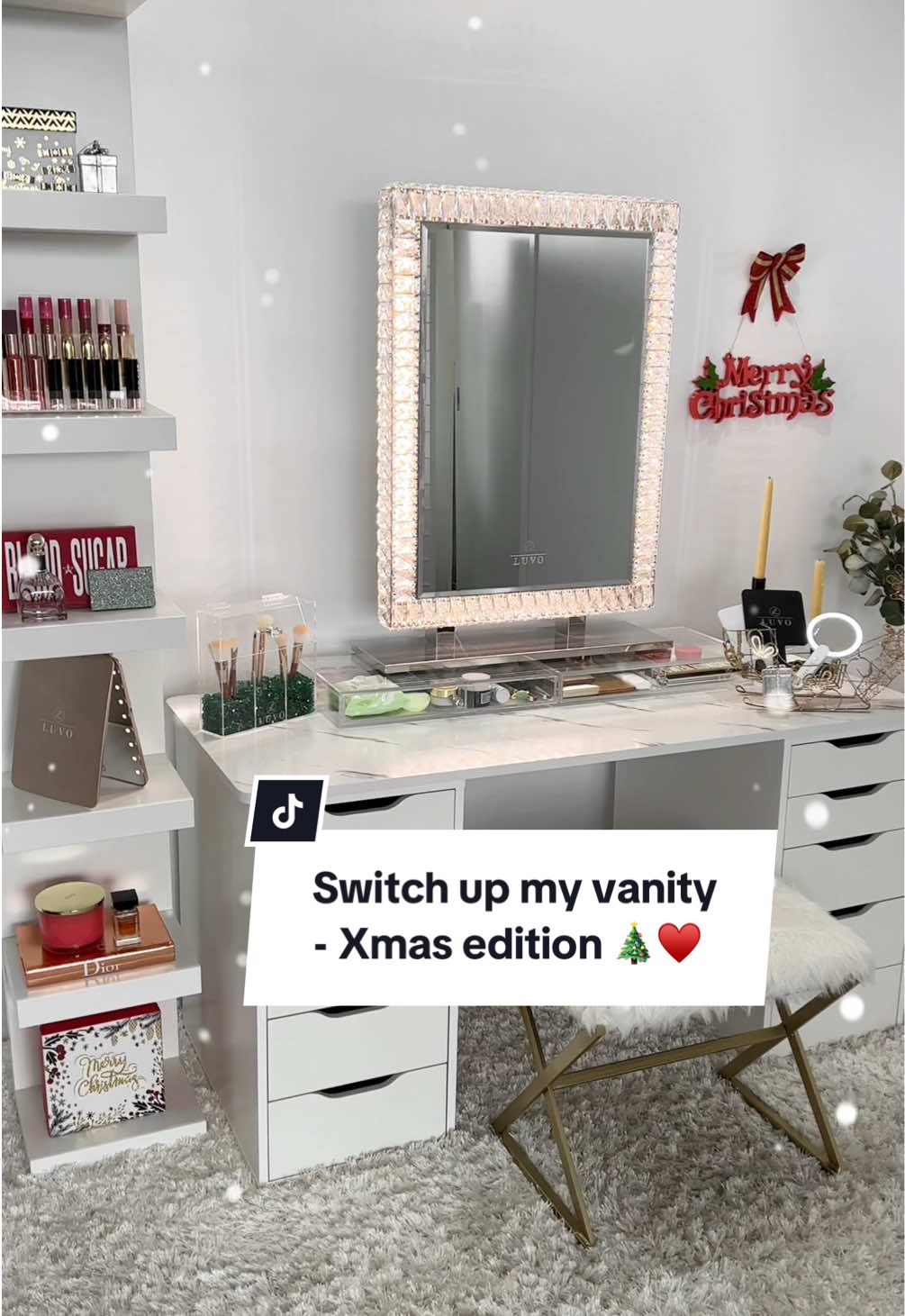 It’s that time of year again 😍 Switching up a few items in your vanity to make it feel extra festive 🎄✨ We hope you love our Christmas vanity. If you receive any Luvo gifts this year don’t forget to tag us 🫶🏼 #vanity #vanitymirror #beautyroom #makeuproom #dresser #christmastiktok #christmasdecor #roomdecor #makeuporganizer #organization #fyp 