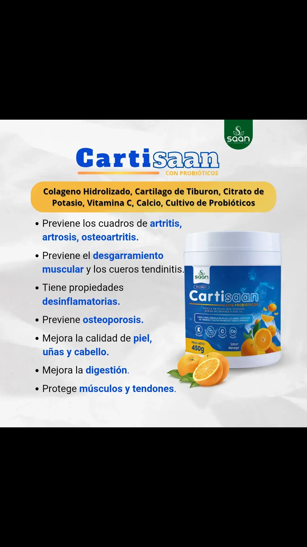 Los beneficios de cada uno de los ingredientes que componen CARTISAAN: *COLÁGENO HIDROLIZADO*: El colágeno es una proteína esencial para la salud de nuestros tejidos conectivos, como la piel, los huesos, los tendones y los ligamentos. El colágeno hidrolizado es una forma de colágeno que ha sido descompuesta en péptidos más pequeños, lo que facilita su absorción y utilización por el cuerpo. Esto puede ayudar a mejorar la salud de la piel, reducir las arrugas y mejorar la flexibilidad y movilidad de las articulaciones. *CARTILAGO DE TIBURÓN*: El cartilago de tiburón es una fuente rica en glucosaminas y condroitinas, que son componentes esenciales del cartílago y los fluidos sinoviales que rodean las articulaciones. Estas sustancias pueden ayudar a reducir la inflamación y el dolor en las articulaciones, y mejorar la movilidad y la flexibilidad. *CITRATO DE POTASIO*: El citrato de potasio es un compuesto que ayuda a regular el equilibrio de electrolitos en el cuerpo. Esto puede ser especialmente beneficioso para personas que sufren de calambres musculares, espasmos o debilidad muscular. *VITAMINA C*: La vitamina C es un antioxidante esencial que ayuda a proteger las células del cuerpo del daño causado por los radicales libres. También es importante para la producción de colágeno y la salud de los tejidos conectivos. *CALCIO*: El calcio es un mineral esencial para la salud de los huesos y los dientes. Ayuda a mantener la densidad ósea y reduce el riesgo de osteoporosis y fracturas. *CULTIVO DE PROBIÓTICOS*: Los probióticos son bacterias beneficiosas que viven en el intestino y ayudan a mantener un equilibrio saludable en la flora intestinal. Esto puede ayudar a mejorar la digestión, reducir los síntomas de la enfermedad inflamatoria intestinal y fortalecer el sistema inmunológico. En resumen, Cartisaan es un suplemento que combina ingredientes naturales que te ayudaran a mejorar la salud de las articulaciones, los huesos, la piel y el sistema inmunológico. También a reducir la inflamación y el dolor, y mejorar la digestión y la absorción de nutrientes, todo lo que nesecitas en un solo pote.  Toma CARTISAAN una vez al día de 15g en un vaso de agua  220ml.  Escríbeme a WhatsApp o llamame en enlace de mi perfil. #colageno #colagenohidrolizado #peptidos #cartilagodetiburon #articulaciones #saan #natural 