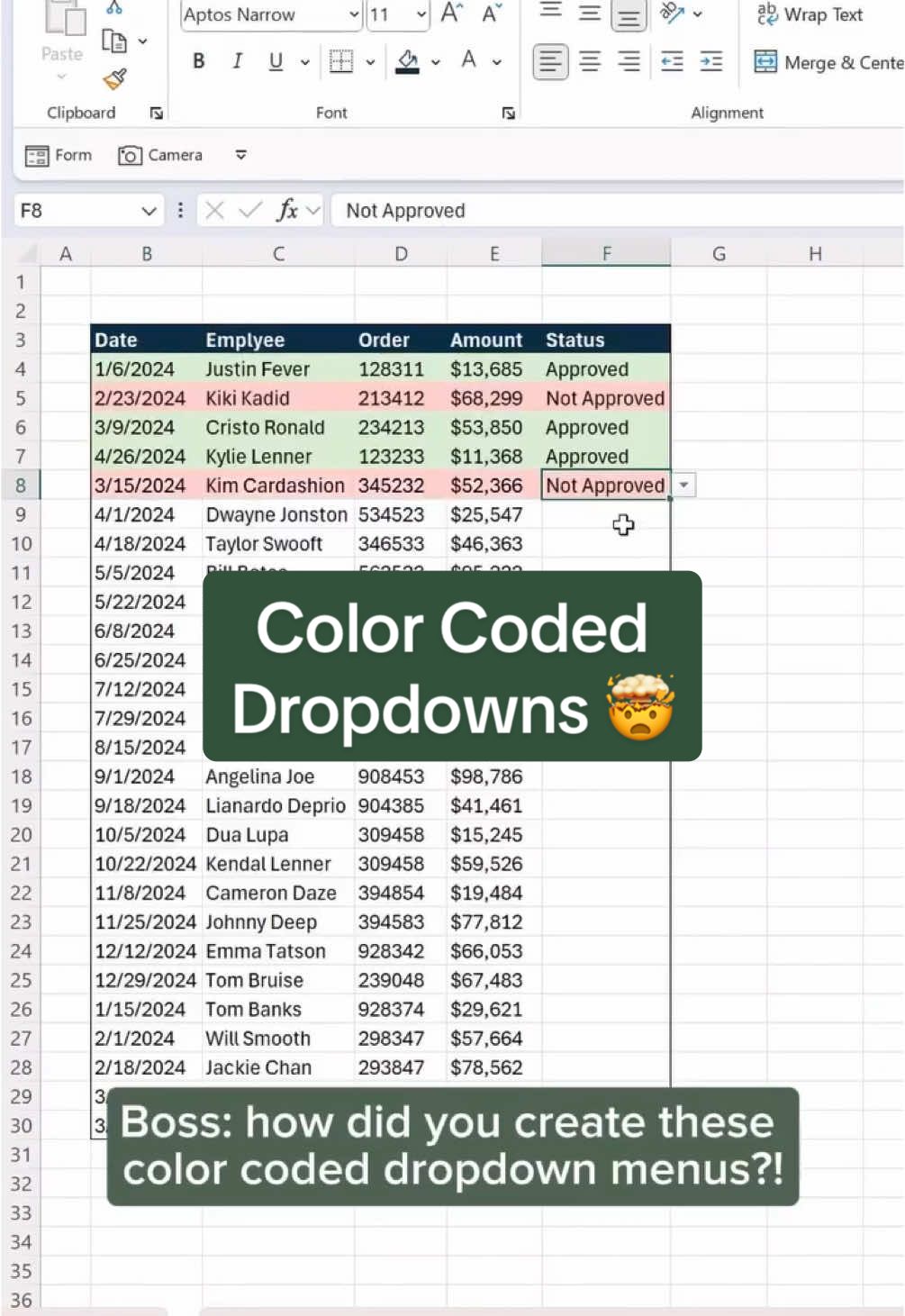 Color coded dropdowns or christmas themed table 😉 Download my FREE Excel Shortcut Guide using link in bi0. #excel #exceltips #exceltricks #spreadsheets #corporate #accounting #finance #workhacks #tutorial #sheets