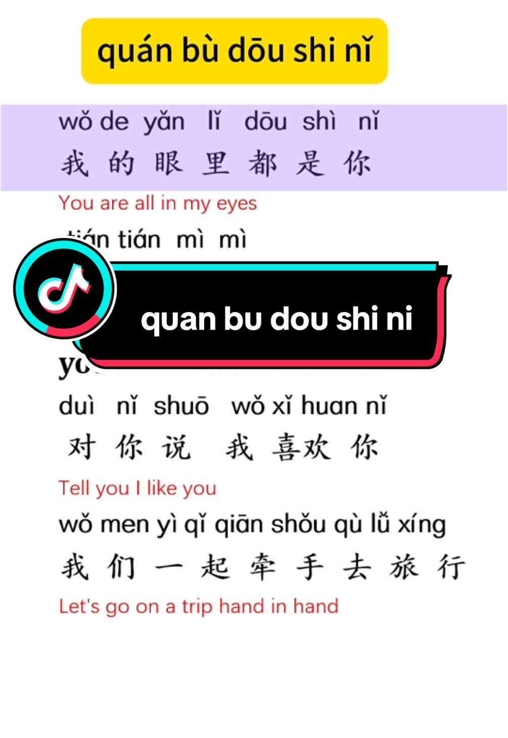 Practice Chinese by song : quan bu dou shi ni #learnchinese #chinesesong #mandarin #chines #learnwithtiktok #lyrics_songs 