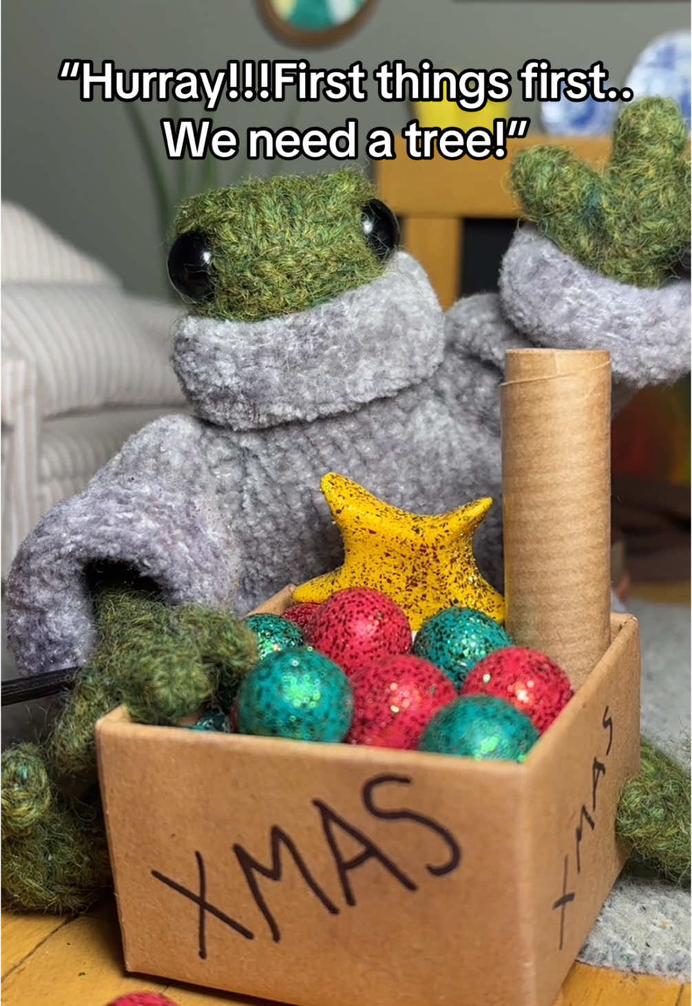 Replying to @ItsMeOkie Froggie friend needs your help to decorate for Christmas!.. But is it Santa approved? 🎄❄️🎁 #fyp #foryou #asmrsounds #christmas #decoration #decorations #christmastreedecorating #baubles #asmrtingles #asmrroleplay #personalattention #asmr #comforting #knitteddoll #miniature #frog #mrfrog 