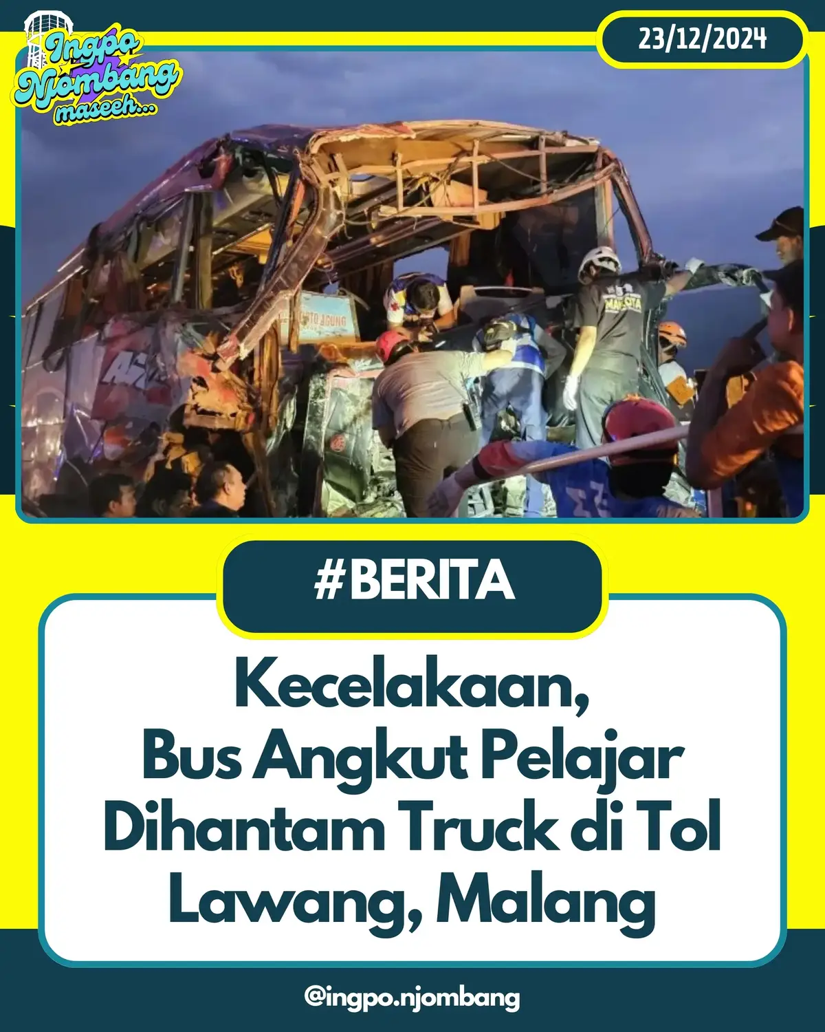 Kecelakaan maut terjadi di KM 77+200 A Tol Pandaan-Malang, Senin 23 Desember 2024, ketika sebuah truk pengangkut pakan ternak menghantam bus yang membawa rombongan pelajar SMP.  Diduga, kecelakaan ini disebabkan oleh kelebihan muatan yang membuat truk tidak mampu menanjak jalan dan mundur tak terkendali. Kapolres Malang, AKBP Putu Kholis Aryana, menjelaskan bahwa truk tersebut mengalami kesulitan saat melewati tanjakan.  “Kronologinya, truk tidak kuat menanjak, kemudian mundur dan akhirnya tidak terkendali,” ungkapnya, Senin 23 Desember 2024.  Polisi kini tengah melakukan penyelidikan mendalam untuk mengetahui lebih lanjut mengenai penyebab kecelakaan ini, termasuk memeriksa kemungkinan kerusakan pada kendaraan atau apakah truk tersebut kelebihan muatan.  “Kami masih mendalami apakah masalahnya ada pada hand rem yang tidak berfungsi dengan baik, atau apakah kondisi remnya blong.  Semua ini masih dalam proses penyelidikan berdasarkan hasil olah tempat kejadian perkara (TKP),” jelas Putu Kholis.Indikasi kelebihan muatan cukup kuat, mengingat banyaknya pakan ternak yang diangkut truk tersebut. “Kami bisa melihat dan menghitung jumlah pakan ternak yang dibawa serta mencocokkannya dengan kapasitas kendaraan,” tambahnya. Akibat kecelakaan ini, empat orang dinyatakan meninggal dunia, termasuk sopir bus yang mengangkut pelajar dari SMP di Bogor, Jawa Barat. “Tim evakuasi kami berhasil mengidentifikasi ada empat korban tewas. Salah satunya adalah pengemudi bus Tirto Agung,” kata Kapolres Malang. Identitas korban lainnya belum sepenuhnya diketahui, tetapi informasi awal menunjukkan bahwa rombongan pelajar tersebut berasal dari SMP Islam Terpadu di Gunung Putri, Kabupaten Bogor. “Dari spanduk di belakang bus, kami melihat bahwa rombongan tersebut adalah siswa dari SMP Islam Terpadu di Gunung Putri, Bogor.  Kami sudah berkoordinasi dengan Kapolres Bogor untuk memastikan lokasi sekolah tersebut,” ujarnya. Korban yang mengalami luka-luka segera dibawa ke RSUD Lawang dan RSUD dr Saiful Anwar, Kota Malang, untuk mendapatkan perawatan medis lebih lanjut.  Kepolisian setempat terus bekerja untuk mengungkap lebih lanjut kronologi kecelakaan dan memastikan keselamatan serta kelayakan kendaraan yang terlibat dalam kecelakaan itu.  “Tim evakuasi kami berhasil mengidentifikasi ada empat korban tewas. Salah satunya adalah pengemudi bus Tirto Agung,” kata Kapolres Malang. #obrolankopijombang #porosjombang #serlokjombang #jombangkita_ #inpomegaluh #wonosalamingpo #jombang24jam #semuatentangjombang #jombangberiman #wargajombang #kilasjombang #jombang #peteronganviral #beritajombang #ingponjombang #berita #jombanghitsbanget #malang #kecelakaan #kecelakaantol #pasuruan #tolmalang 