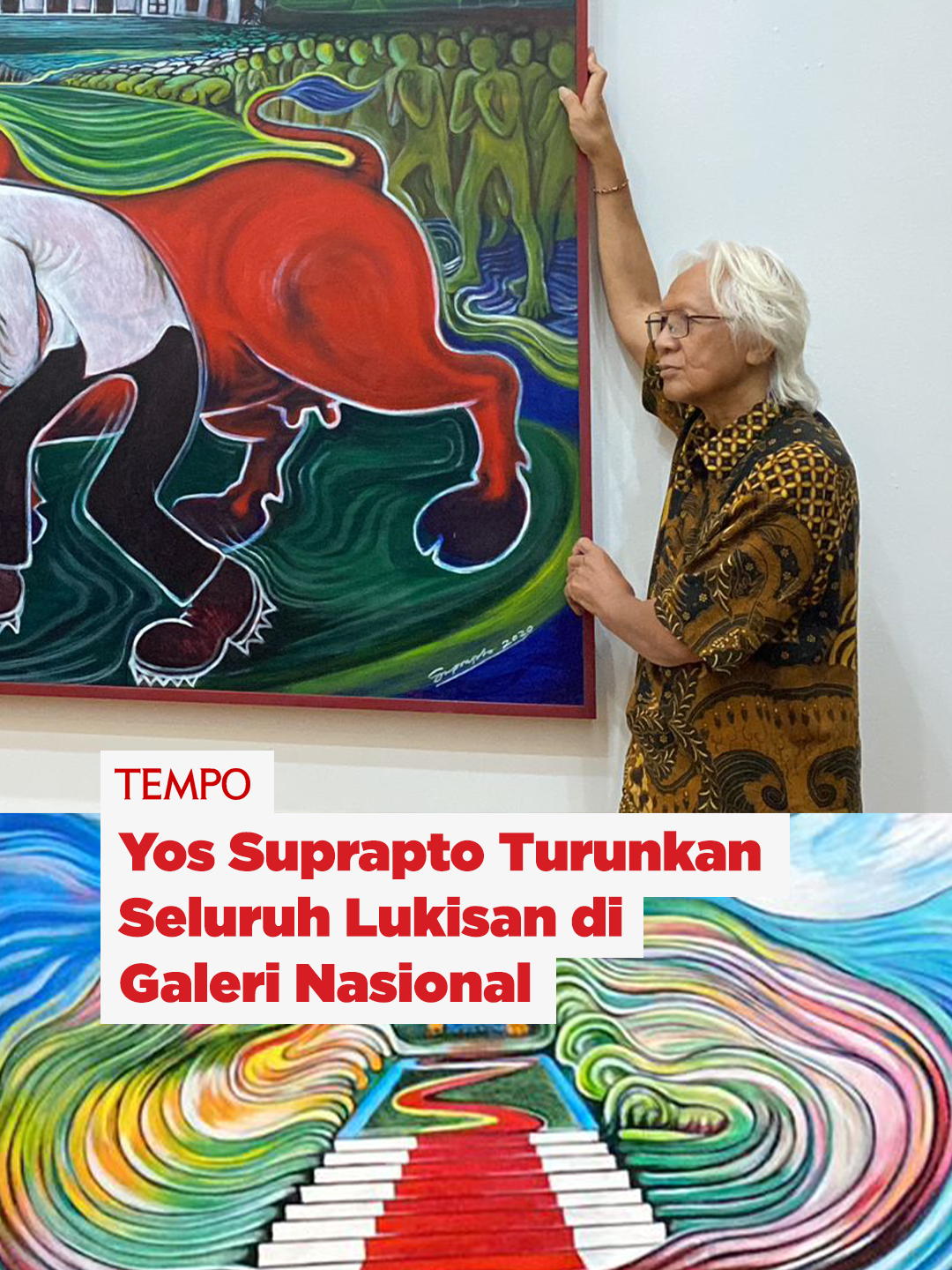 Pelukis Yos Suprapto menurunkan karya lukisannya yang batal dipamerkan di Galeri Nasional, Jakarta, 23 Desember 2024.  Pameran Yos yang mengangkat tema “Kebangkitan: Tanah untuk Kedaulatan Pangan” itu semestinya digelar dan dibuka untuk umum pada 20 Desember hingga 19 Januari mendatang. Penurunan lukisan tersebut dilakukan sebagai kekecewaan Yos terhadap Galeri Nasional Indonesia sebagai pemilik tempat yang meminta lima dari 30 lukisannya diturunkan. #yossuprapto #pameran #lukisan #pameranjakarta #galerinasional #tempodotco #tempomedia #berita #fypindonesia #fyp #tiktokberita