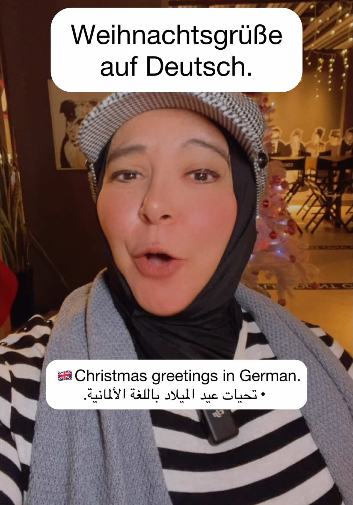 . Weihnachtsgrüße auf Deutsch: 	1.	Frohe Weihnachten! 	🇬🇧	Merry Christmas! ‎	•	عيد ميلاد مجيد! 	2.	Ich wünsche dir besinnliche Feiertage. 	🇬🇧	I wish you peaceful holidays. ‎	•	أتمنى لك أعياداً مليئة بالسلام. 	3.	Möge dein Weihnachten voller Freude sein. 	🇬🇧	May your Christmas be full of joy. ‎	•	أتمنى أن يكون عيد ميلادك مليئاً بالفرح. 	4.	Genieße die Weihnachtszeit mit deinen Liebsten. 	🇬🇧	Enjoy the Christmas season with your loved ones. ‎		استمتع بموسم الأعياد مع أحبائك. 	5.	Alles Gute und ein gesegnetes Weihnachtsfest! 	🇬🇧	Best wishes and a blessed Christmas! ‎	•	أطيب التمنيات وعيد ميلاد مبارك! #deutsch #german #deutschkurs #almanya #المانيا #Deutschlernen 