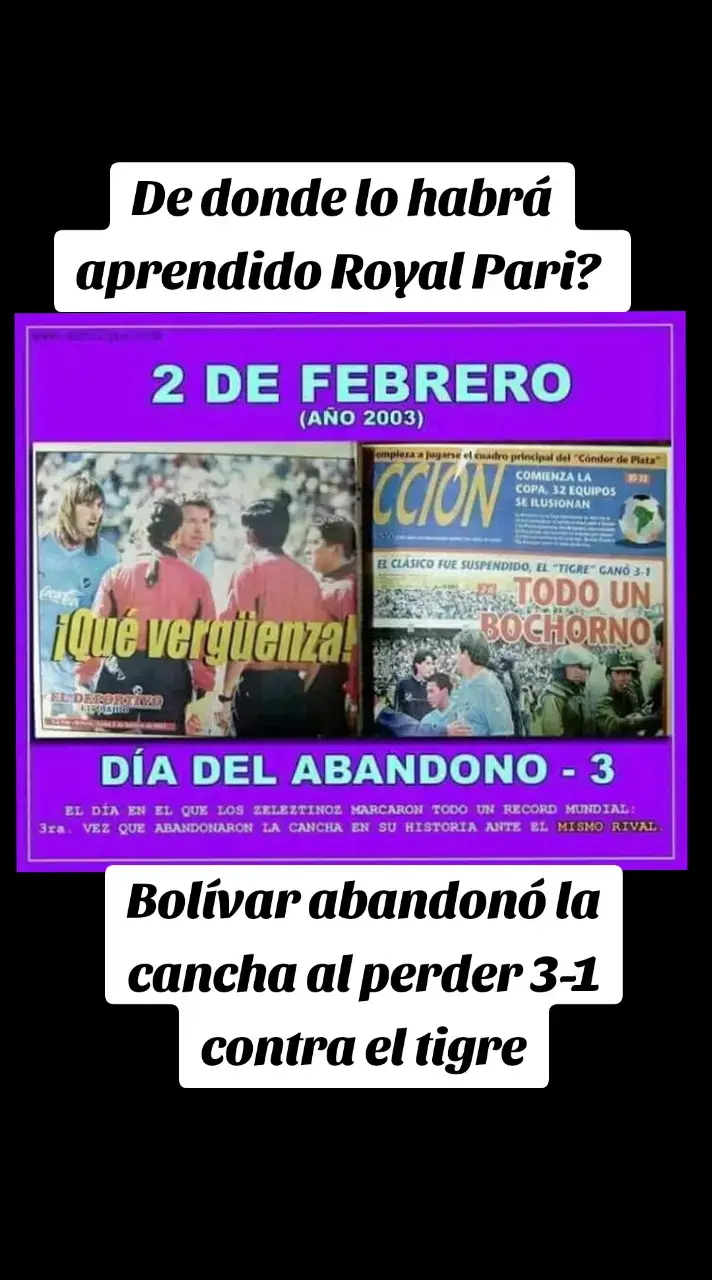 Desde el año 2004, cada 2 de febrero se recordaba el “día del Abandono” en conmemoración a que en esa fecha del 2003, #TheStrongest le iba ganando 3 a 1, y para no ser recibir una señora goleada, el club bolívar abandonó el campo de juego cuando faltaba media hora para la conclusión del encuentro…, sin embargo revisando la historia, encontramos que varios años antes ya habían realizado un otro abandono; es por eso que ahora al 2 de Febrero se lo recordará como el “Día de SEGUNDO abandono” Quién no quisiera figurar en los “RECORDS GUINNESS”, es la mayor ambición de millones de personas y miles de instituciones de toda índole; y el #clubBOLIVAR ha hecho todos los merecimientos para estar en esos records…; no cualquier equipo “profesional” de fútbol abandona la cancha 2 veces a medio partido y contra el mismo rival. #Bolivia #futbolboliviano #historia 