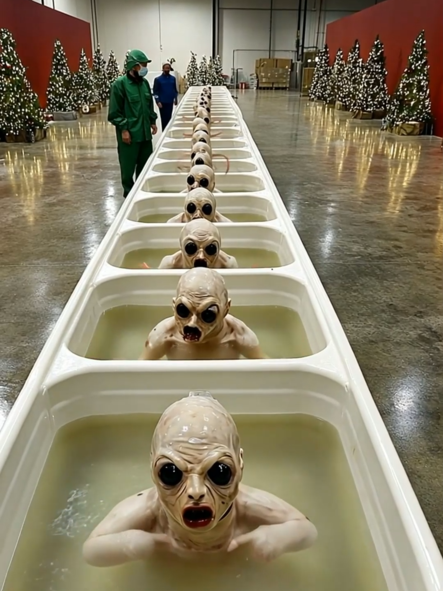 Christmas at Area 51: Feeding Humanoid Creatures 🎄👽 #Area51 #SecretLab  Deep within the hidden corridors of Area 51, five levels underground, humanoid creatures float eerily in vats of yellow liquid, awaiting their daily nourishment. This Christmas, even the lab takes on a festive twist! Scientists in hazmat suits carefully pour a strange black liquid into the tanks, a nutrient blend designed for these unsettling little monsters. Strings of dim holiday lights flicker along the lab walls because, yes, even in the secret depths of Area 51, Noël must be celebrated. But what secrets do these creatures hold, and why the festive cheer in such a chilling place? Witness the strange fusion of holiday spirit and sci-fi horror! 🎅 #Christmas #SciFi #Horrortok