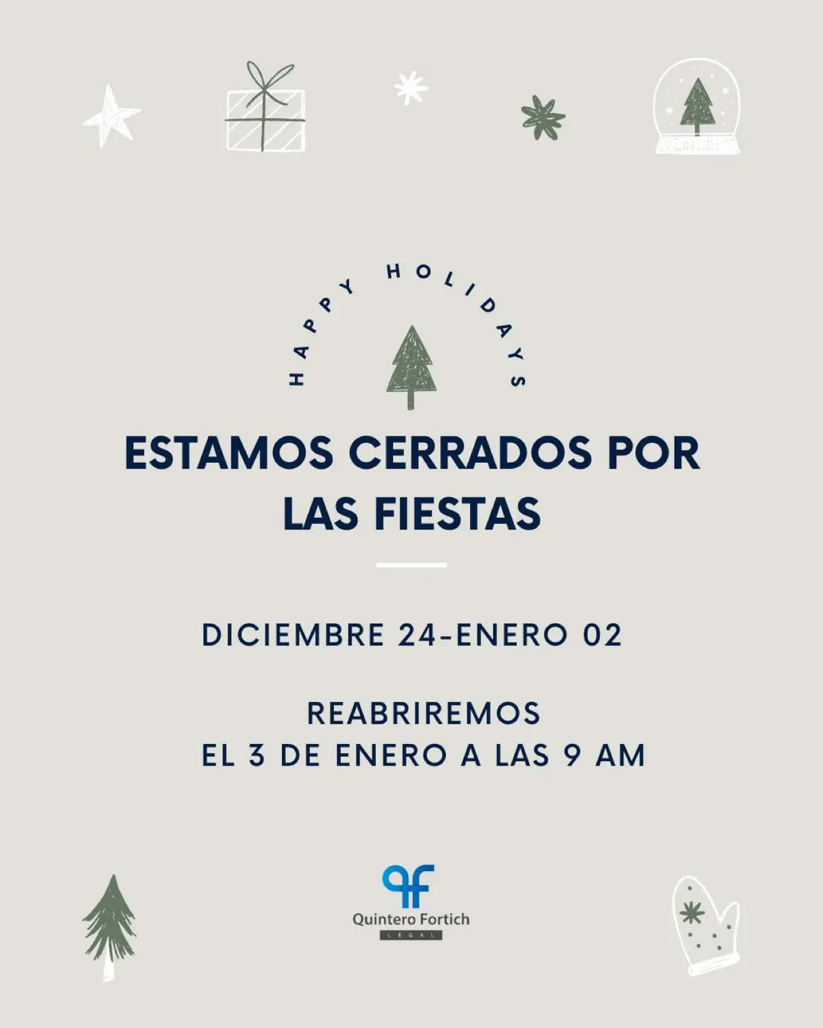 Tengan en cuenta que estaremos cerrados por las fiestas. Les deseamos una muy Feliz Navidad y un próspero Año Nuevo, lleno de éxitos y momentos especiales.  ¡Nos vemos en 2025! Please note that we will be closed for the holidays. Wishing you a Merry Christmas and a Happy New Year filled with success and special moments.  See you in 2025!