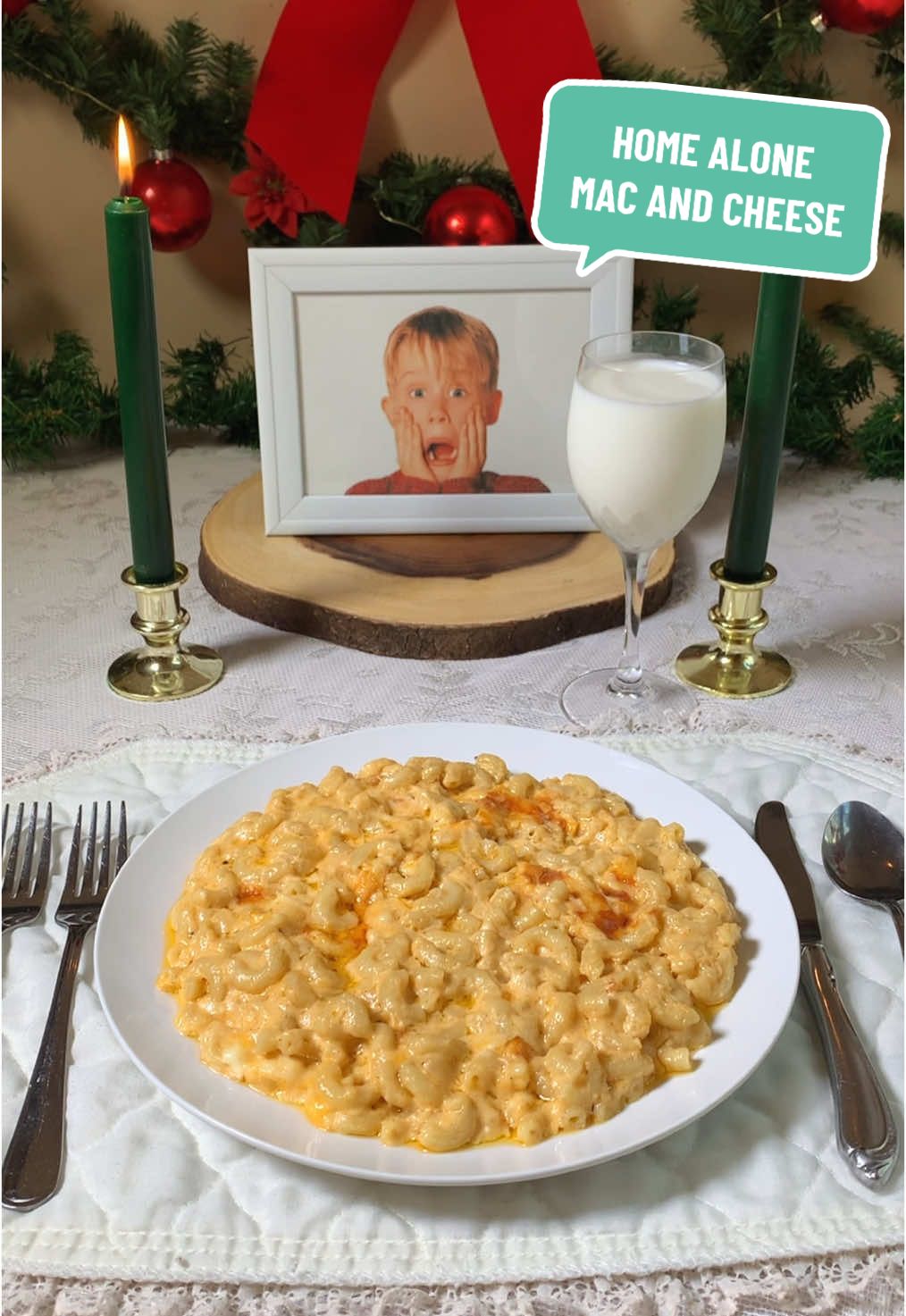 “Bless this highly nutritious microwaveable macaroni and cheese dinner that I DIDN’T EVEN GET TO EAT!”  Don’t be like Kevin. Eat my 5-cheese macaroni and cheese dinner.  INGREDIENTS:  -1 lb elbow macaroni  -1/2 cup pasta water  -4 cups heavy cream  -4 oz cream cheese  -2 tsp salt  -2 tsp white pepper  -2 tsp paprika  -2 tsp garlic powder  -1 tsp onion powder  -1 stick (8 tbsp) unsalted butter  -2 tbsp garlic (minced)  -1 shallot (minced)  -1/4 cup flour  -1 1/2 cups freshly grated sharp cheddar cheese  -1 1/2 cup freshly grated white cheddar cheese  -1 1/2 cup mozzarella cheese  -1 1/2 cup gruyère cheese  INSTRUCTIONS:  1. In a pot, add heavy cream, cream cheese, salt, white pepper, paprika, garlic powder and onion powder. Mix until combined.  2. Simmer heavy cream mixture on low heat until warmed up.  3. In another large pot filled with water, add a large pinch of salt and bring water to a boil. Add your elbow macaroni and boil until al dente. Save 1/2 cup of the pasta water. Drain the rest of the pasta water and set noodles aside.  4. In the same large pot you boiled the noodles in, on medium-low heat, add the butter and sauté the minced garlic and shallot until they’re lightly golden. Pour in the still warm heavy cream mixture and pasta water. Whisk until fully combined.  5. Add in all of the freshly grated cheeses and mix until nice and creamy. Then add in your cooked macaroni and mix.  6. In a baking dish, add a layer of the macaroni mixture, then a layer of cheeses, then another layer of the macaroni and top it off with another layer of cheeses.  7. Bake the macaroni and cheese at 350°F for about 15 minutes or until nicely golden on top. For the last couple minutes, broil the top of the mac and cheese for that perfectly cheesy crust.  8. ENJOY! 🧀  #homealone #macandcheese #christmas #christmaseve #macaroniandcheese #homealonefood #disney #disneyfoods #disneyfood #disneymoviefood #kevinmcallister #homealonemovie #macandcheeserecipe #christmasfood #christmasrecipe 