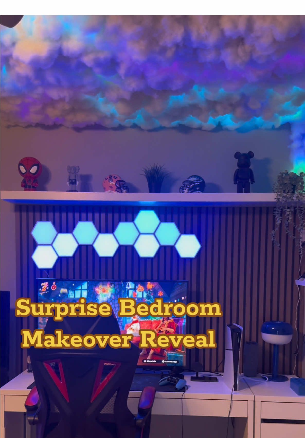 Replying to @annzeeg the bedroom reveal #bedroommakeover #roomreveal #roommakeover #surprise #interiordesign #gamesetup 