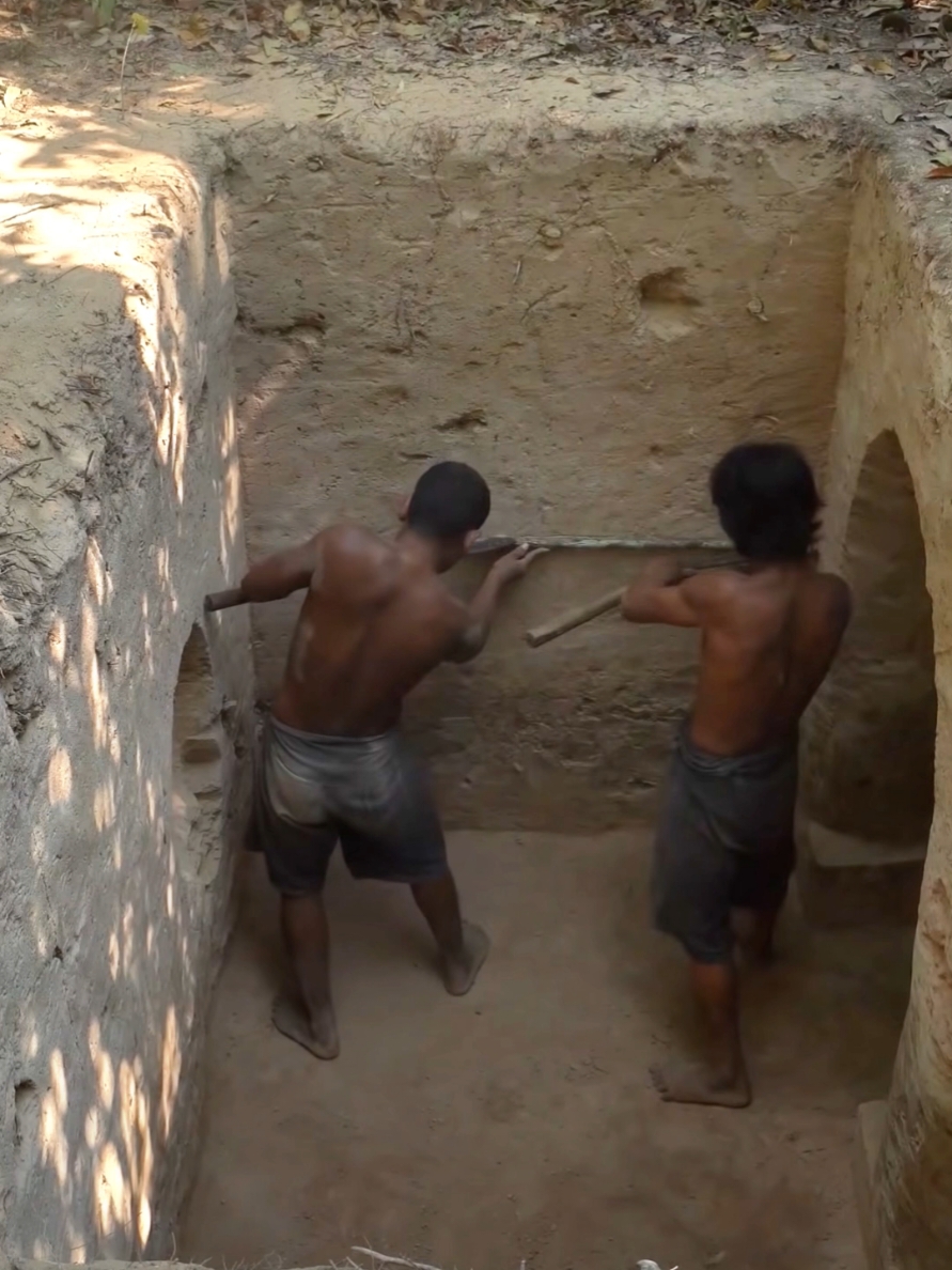 Two People Build The First Temple underground House And Shower Pool