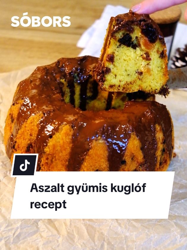 Aszalt gyümölcsös kuglóf
 Hozzávalók:
 Tészta:
 ● 160 g margarin
 ● 80 g porcukor
 ● 1 biocitrom reszelt héja
 ● 1 csomag vaníliás cukor
 ● 7 tojás
 ● 90 g cukor
 ● 190 g liszt
 ● 1 csomag sütőpor
 ● 100 g aszalt barack
 ● 100 g aszalt szilva
 ● 50 g mazsola
 Csokoládémáz:
 ● 150 g étcsokoládé
 ● 3 tk. kókuszolaj
 Elkészítés:
 A tésztához a tojásokat válasszuk ketté. A tojásfehérjéhez adjuk hozzá a kristálycukrot, és egy robotgép segítségével verjük fel habosra. A tojássárgájához robotgép segítségével keverjük hozzá a porcukrot, a vaníliás cukrot és a puha margarint. A tojásfehérjét öntsük bele a margarinos masszába, és légies mozdulatokkal dolgozzuk össze, majd ízesítsük egy kezeletlen citrom reszelt héjával. A lisztet keverjük össze a sütőporral, és fokozatosan adagoljuk a tésztához. Ízlés szerint aszalt gyümölcsökkel, kockázott étcsokoládéval vagy magvakkal színesítsük. Az elkészült masszát kivajazott és lisztezett, 22 centis kuglófformában 170 fokon 40-45 perc alatt süssük készre. A formában hagyjuk hűlni, addig is készítsük elő a mázhoz a csokoládét. Vízgőz felett olvasszuk fel a kisebb darabokra vágott csokit a kókuszolajjal. Amint kihűlt a kuglóf, borítsuk egy tálra, és öntsük le a csokoládémázzal, végezetül hűtőszekrényben hagyjuk megdermedni. #recept #mutimiteszel #cooking #EasyRecipe #nekedbe #tiktokhungary #FoodTok #magyartiktok #fyp #sobors #soborshu #karácsonyirecept #nekedbe #karácsonyikészülődés #karácsony #kuglóf #aszaltgyümölcs 