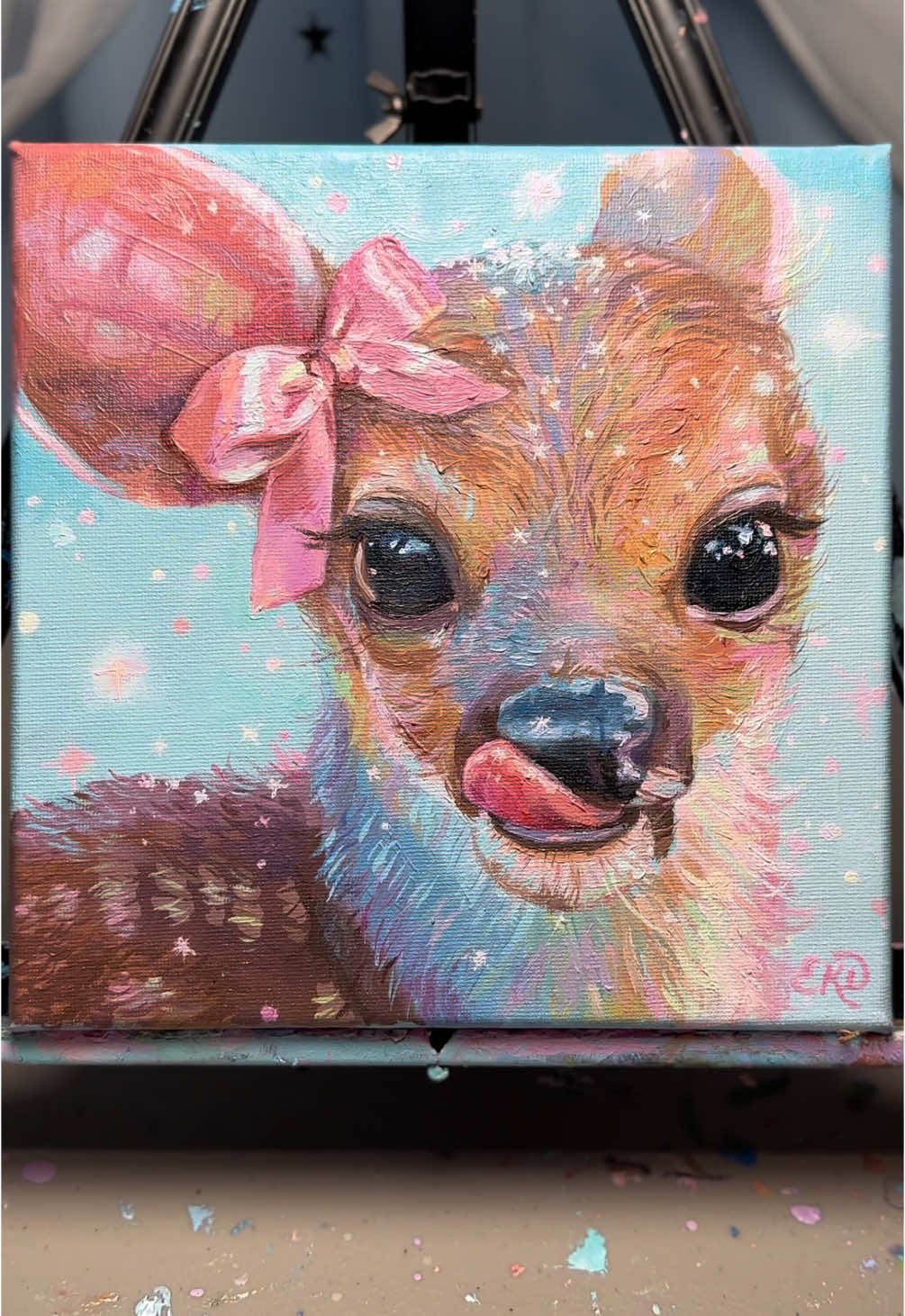 her name is Marzipan 🫧🍦🍨✨🎀☁️  painted in oils  update- the original painting has been sold. I am working to make prints available later in January💗 - - #art #fawn #winter #winterart #sugarplum #nutcracker #coquette #deer #christmas #fairycore #colorfulart #cuteart #snow  #oilpainting #oilpaint #illustration #painting #coquette