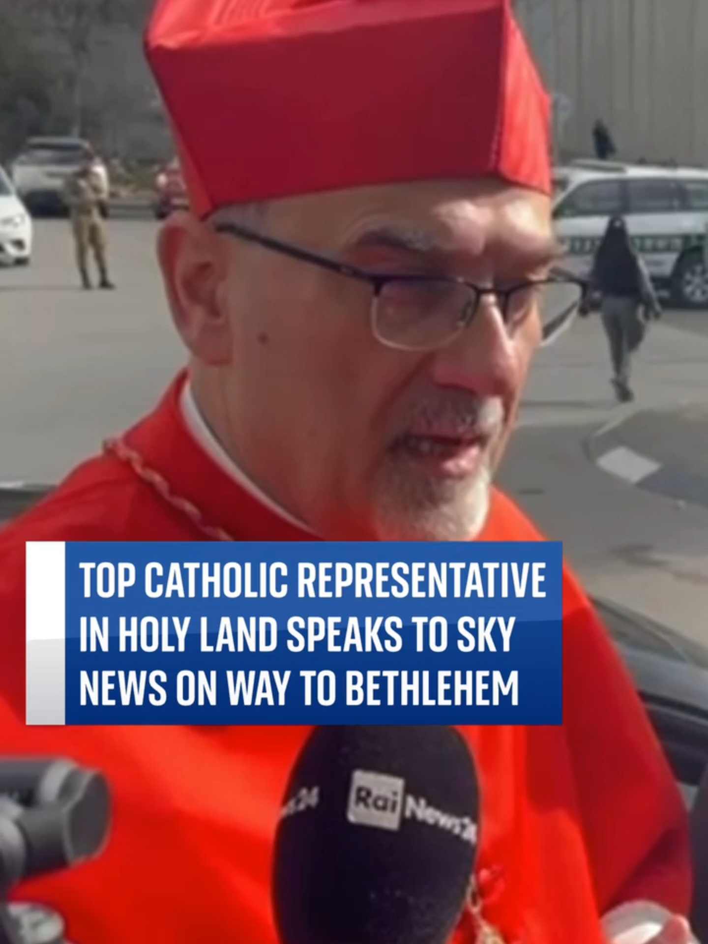 Pierbattista Pizzaballa, who is Latin Patriarchate of Jerusalem, speaks to Sky News on the way to Bethlehem