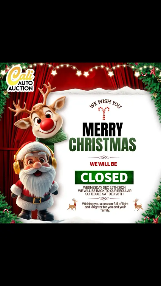 🎁 Tis the Season to Celebrate! 🎁 Our auction will be closed on Christmas Eve (12/24) and Christmas Day (12/25). We’ll see you on Saturday 12/28! Wishing you a warm and wonderful holiday season. 🎄✨ #CaliAutoAuctionPomona #ClosedForChristmas #HolidayCheer #HappyHolidays