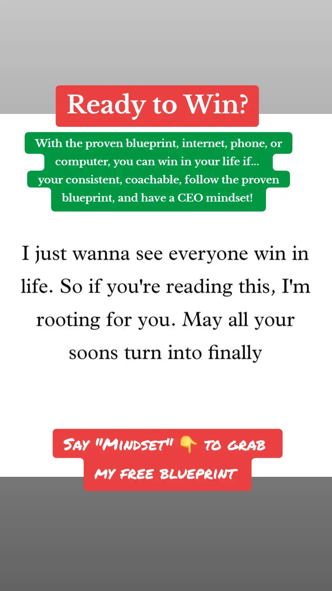 Start enjoying your Wins today! Say Mindset 👇.  #DigitalMarketing #EmptyNesterLife #onlineincome #FreedomLifestyle #provenblueprint #makemoneyonline #WorkFromHome #passiveincome #WorkFromAnywhere 