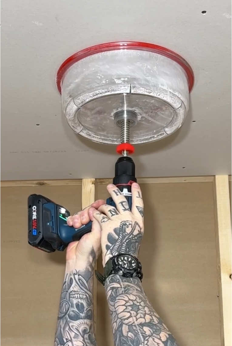 The cleanest way for cutting pot light holes in a ceiling • This Bosch drill has Kickback control so if it were to grab it would stop, it has a switch to shut it off if you need @Bosch Power Tools  . . . #tools #construction #bosch #boschpartner #drywall #electrician