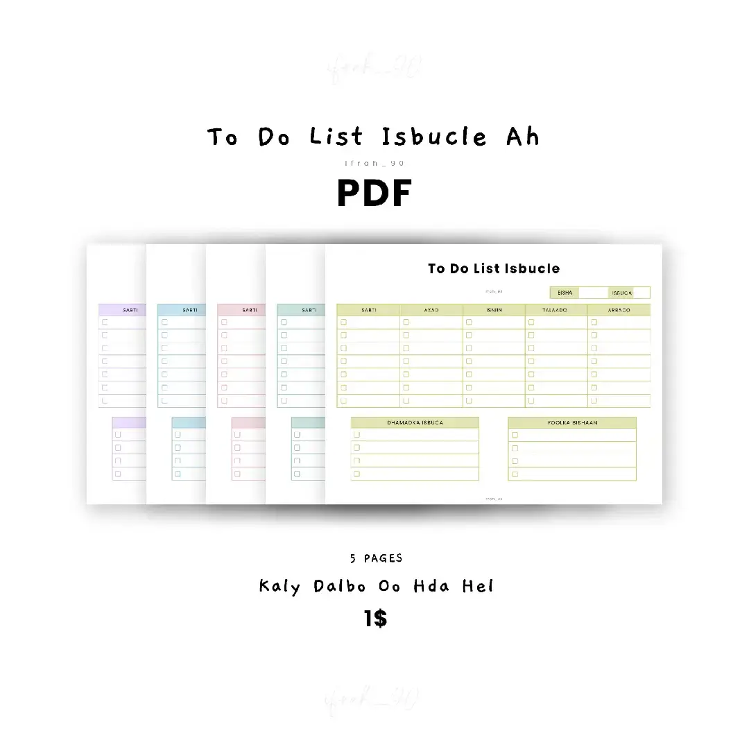 Waxaan kuu hayaa To-Do List gaar ah oo kuu fududeynaya inaad qorsheysato howlahaaga maalinlaha ah! 📝✨ ✔️ Wax walba si cad oo nidaamsan u qorsheyso. ✔️ Waxqabadkaaga maalin kasta sare u qaad. ✔️ Ku bilow safar abaabul iyo guul leh! ● Hadda ku hel kaliya $1! 💵  ● Ii soo dir fariin si aad u hesho liiskaaga waxtarka leh. 📩 #somalitiktok #fyp #viral #studytok #todolist 