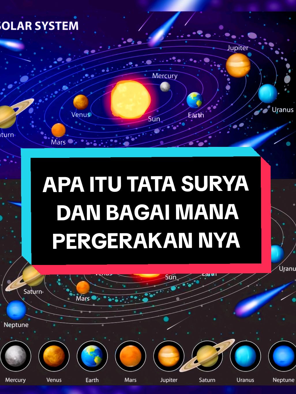 min apa itu Tata Surya, nahh tata Surya adalah kumpulan benda langit yang terdiri dari Matahari sebagai pusatnya dan semua benda yang mengorbit di sekitarnya, termasuk planet-planet, satelit alami (bulan), asteroid, komet, dan debu antarplanet. Tata Surya terbentuk sekitar 4,6 miliar tahun yang lalu dari awan gas dan debu yang kolaps karena gravitasi. Komponen Tata Surya; 1. Matahari: Sumber energi utama dan pusat gravitasi Tata Surya. 2. 8 Planet: Merkurius: Planet terdekat dari Matahari. Venus: Planet terpanas di Tata Surya. Bumi: Planet tempat kita tinggal. Mars: Disebut Planet Merah. Jupiter: Planet terbesar. Saturnus: Dikenal karena cincinnya. Uranus: Berputar miring. Neptunus: Planet terjauh. 3. Planet Kerdil: Contohnya Pluto. 4. Asteroid dan Komet: Sisa-sisa pembentukan Tata Surya. 5. debu dan Gas: Bagian kecil dari Tata Surya. dan apakah tata Surya mengelilingi bima sakti  dan jawaban  Ya, Tata Surya mengorbit di dalam galaksi Bima Sakti. Bima Sakti adalah galaksi spiral besar yang terdiri dari miliaran bintang, termasuk Matahari. Tata Surya terletak di lengan spiral bernama Lengan Orion, sekitar 27.000 tahun cahaya dari pusat galaksi. Fakta yg penting  Tata Surya membutuhkan waktu sekitar 225-250 juta tahun untuk menyelesaikan satu putaran mengelilingi pusat Bima Sakti. Periode ini disebut tahun galaksi. Di pusat Bima Sakti, terdapat lubang hitam supermasif bernama Sagittarius A* yang memiliki gravitasi sangat kuat, sehingga memengaruhi orbit semua benda di galaksi. dan begini ilustrasi nya 😄 Bayangkan Matahari seperti pusat permainan kuda-kuda putar, dan planet-planet seperti anak-anak yang berpegangan di sekelilingnya. Namun, permainan ini sendiri berada di dalam taman besar bernama Bima Sakti, dan taman itu terus bergerak memutar. #TataSurya  #Matahari  #Planet  #SatelitAlami  #Asteroid  #Komet  #BimaSakti  #OrbitTataSurya  #Galaksi  #LubangHitam  #SagittariusA  #SabukAsteroid  #BendaLangit  #KecepatanOrbit  #TahunGalaksi  #gofhistory  #fyp  #viral  #semogabermanfaat😇🙏 