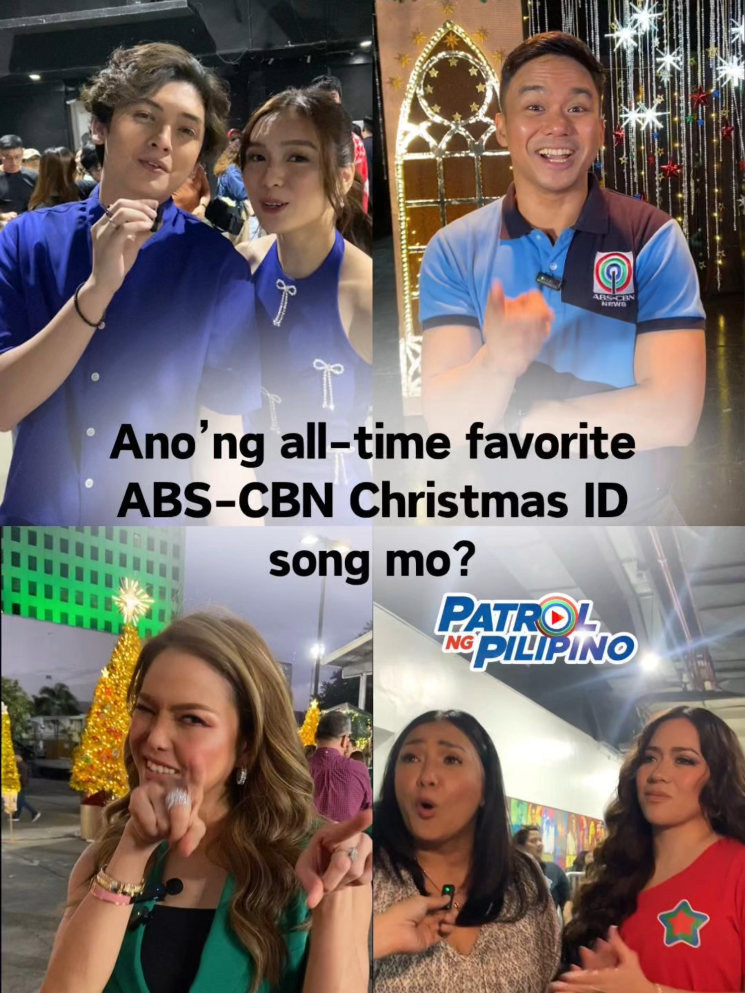 LOVE...JOY...HOPE! ❤️💚💙🌟 Ano kaya ang favorite ABS-CBN Christmas ID song ng iyong favorite Kapamilya stars & reporters? Maki-sing along with them as they reveal their favorite station carols & malay mo, matchy-matchy kayo! Ikaw, ano ang all-time favorite CSID tune mo? Comment na yan! #PatrolngPilipino Video produced by Anjo Bagaoisan, Jared Yven Vidal & Cathlyn Keshel de Raya #fyp #NewsPH #MobileJournalism #Journalism #Journalist #Kapamilya #ABSCBN #Reporter #TVPatrol #ABSCBNChristmasID #StarNgPasko #FamilyIsLove #JustLove #OurStoriesShineThisChristmas #LoveJoyHope #AllTimeFavoriteChristmasID #BINIJhoanna #BINIMikha #AndiAbaya #GillianVicencio #CocoMartin #JuliaMontes #CherryPiePicache #AngelineQuinto #ElijahCanlas #JobManahan #RicoHizon #MigsBustos #SalveDuplito #GretchenFullido #ZyannAmbrosio #MichaelDelizo #SethCine #SethFedelin #FrancineDiaz