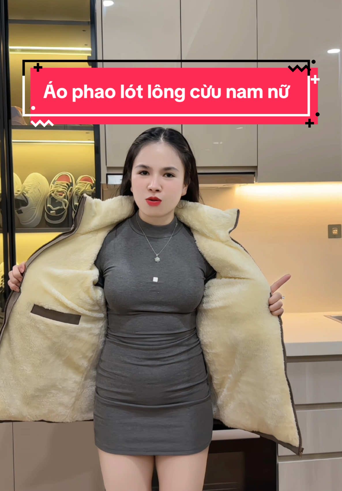 Áo phao lót lông cừu form xuông