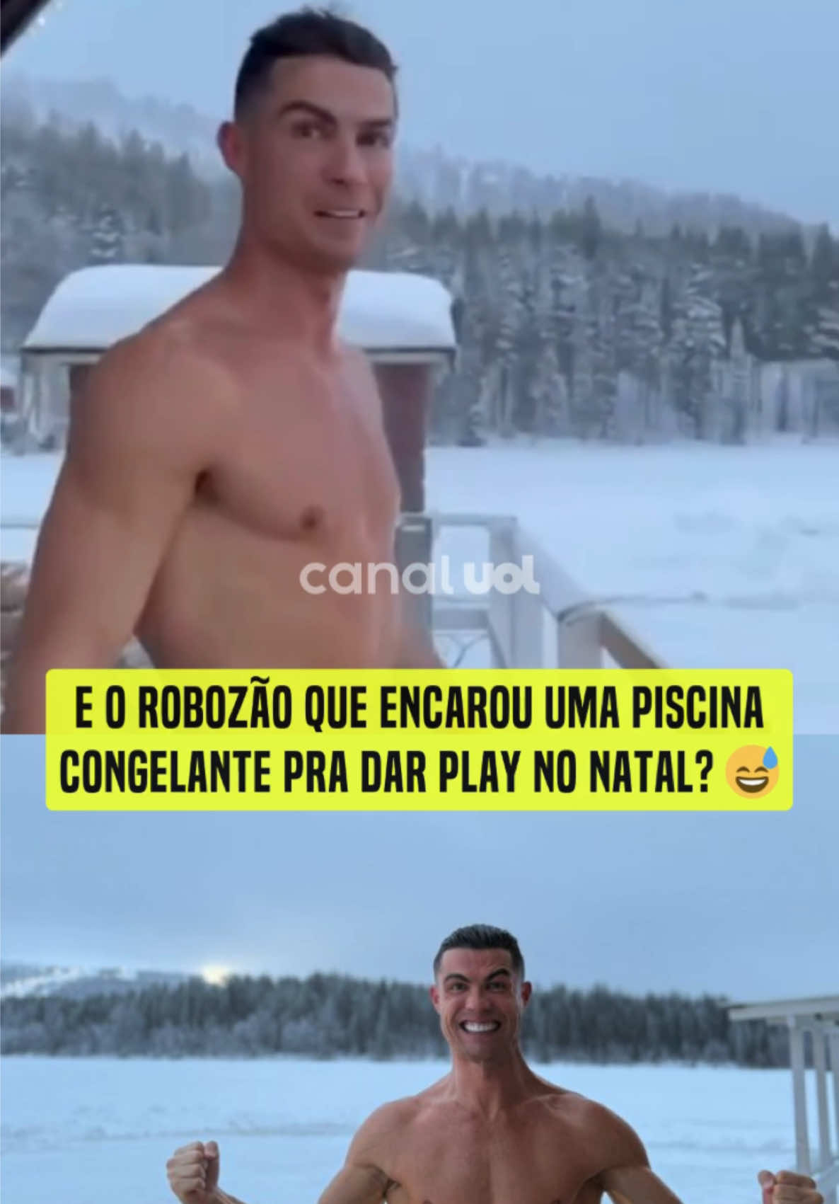 O CARA É MUITO F! 🥶 Na folga de fim de ano do Campeonato Saudita, Cristiano Ronaldo decidiu trocar o calor do Oriente Médio pelo frio extremo da Lapônia, território no norte da Escandinávia que é também considerada a “terra do Papai Noel”.  De cueca e bem-humorado, o atacante brincou que estava “só um pouco frio” ao mostrar o local coberto de neve e resolveu dar um mergulho em uma piscina a 2º negativos.  🎥 @cristiano  #Natal #CristianoRonaldo #Futebol #UOLEsporte 