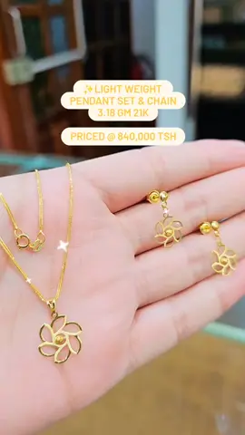 ✨️Light weight pendant set with chain crafted in 21karatgold (Suitable for daily wear basis) . Details; 3.18 grams/21karatgold Price; 840,000 tsh + Tax . (Note; price is not fixed, will change as prices go higher or lower) . (Gold prices change every minute, we can't mention fix prices ,you can dm us or whatsapp our sales team us so we can give you the live prices of products you select) Contact info;👇🏻 . We accept trade/exchange from old gold jewelry to new gold jewelry at reasonable rates/offers. . Attentive 🛵 Delivery available all over Tanzania 🇹🇿 . Contact our sales team through Whatsapp 📞 ✨️Gold jewellery department; Abdullah; +255 686 300 800 Samir; +255 684 274 082 💎Gemstone jewellery department; Asadullah; +255 778 796 616 .  📍𝕍𝕚𝕤𝕚𝕥 𝕠𝕦𝕣 𝕤𝕙𝕠𝕡 𝕥𝕠 𝕧𝕚𝕖𝕨 𝕞𝕠𝕣𝕖 𝕔𝕠𝕝𝕝𝕖𝕔𝕥𝕚𝕠𝕟 𝕠𝕗 𝕘𝕠𝕝𝕕 22𝕜𝕒𝕣𝕒𝕥 𝕒𝕟𝕕 21𝕜𝕒𝕣𝕒𝕥 𝕘𝕠𝕝𝕕 𝕛𝕖𝕨𝕖𝕝𝕝𝕖𝕣𝕪 𝕎𝕖 𝕒𝕣𝕖 𝕝𝕠𝕔𝕒𝕥𝕖𝕕 𝕒𝕥 𝔻𝕒𝕣-𝕖𝕤-𝕤𝕒𝕝𝕒𝕒𝕞, ℂ𝕚𝕥𝕪 𝕔𝕖𝕟𝕥𝕣𝕖, 𝕀𝕟𝕕𝕚𝕣𝕒 𝔾𝕒𝕟𝕕𝕙𝕚 𝕤𝕥𝕣𝕖𝕖𝕥  . #21karatgoldjewelry #gold #goldjewellerydesign #21kgold #since1945 #yusufnasserjewellers #tanzania🇹🇿 #daressalaam #citycentre #viral #reels #reelsinstagram #music 