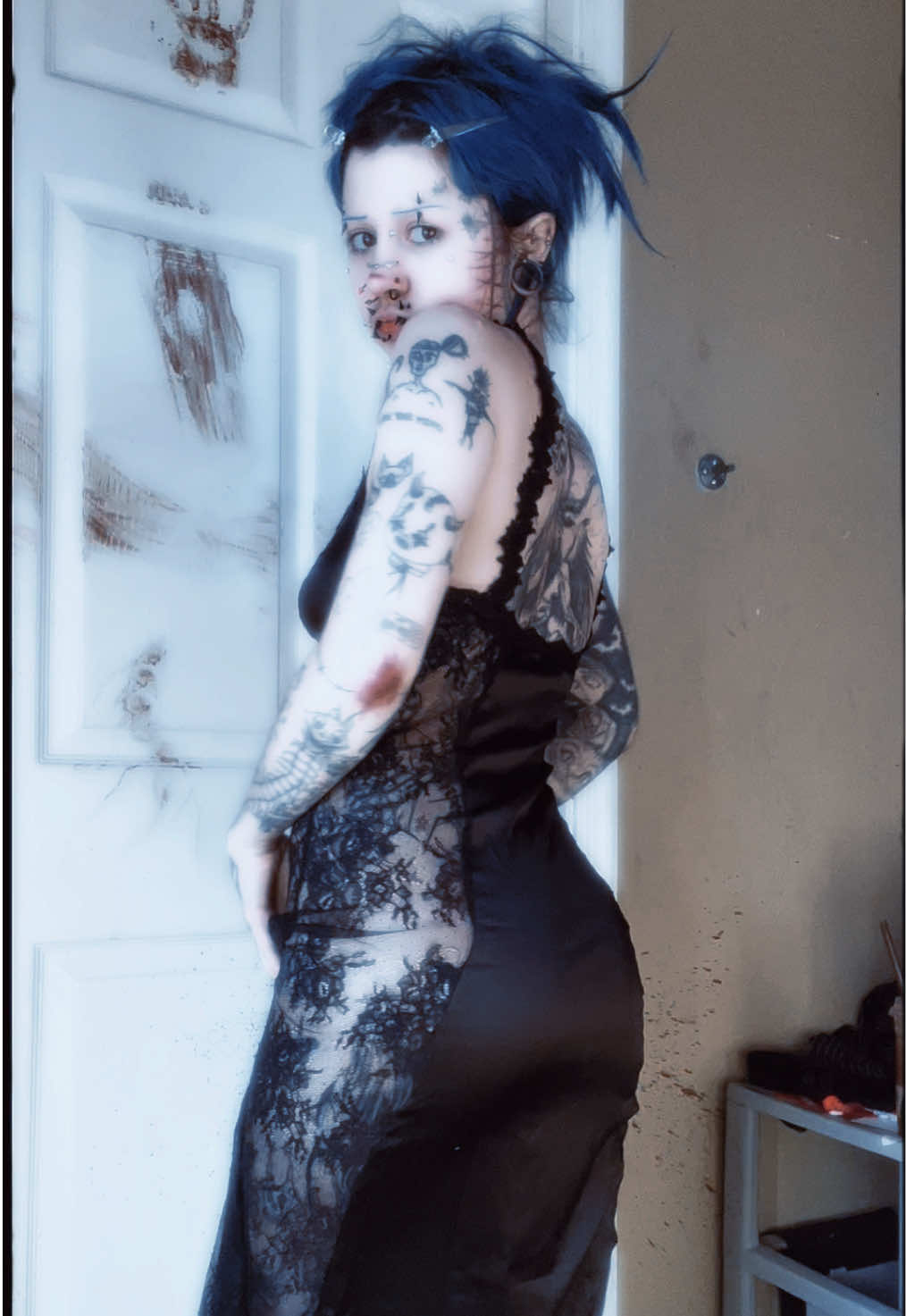 merry christmas , i got a new dress :P #emo #tattoo #backtattoo #makeup #bodymod 