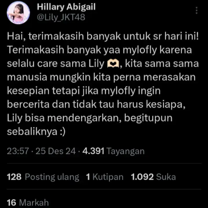 Trimakasih Mylofly @jkt48.lily kamu selalu memberikan keceriaan dan kebahagiaan semoga kamu juga mendapatkan sebaliknya Mylofly 🫶🏻 #lilyjkt48 #HillaryAbigail #Hillaryzen 