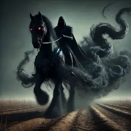 A dark, shadowy rider clad in black, mystical armor, riding a massive black horse with glowing red eyes, both moving forward through a desolate, barren field. The perspective focuses on their front view as they advance, with a swirling, ominous black mist resembling smoke trailing behind them. The scene is illuminated by faint, eerie moonlight, casting a haunting glow on the rider and the horse, while the barren field stretches into the distance, blending realism with a surreal, dark atmosphere.#mister #dark #rider#sinistru#eteric