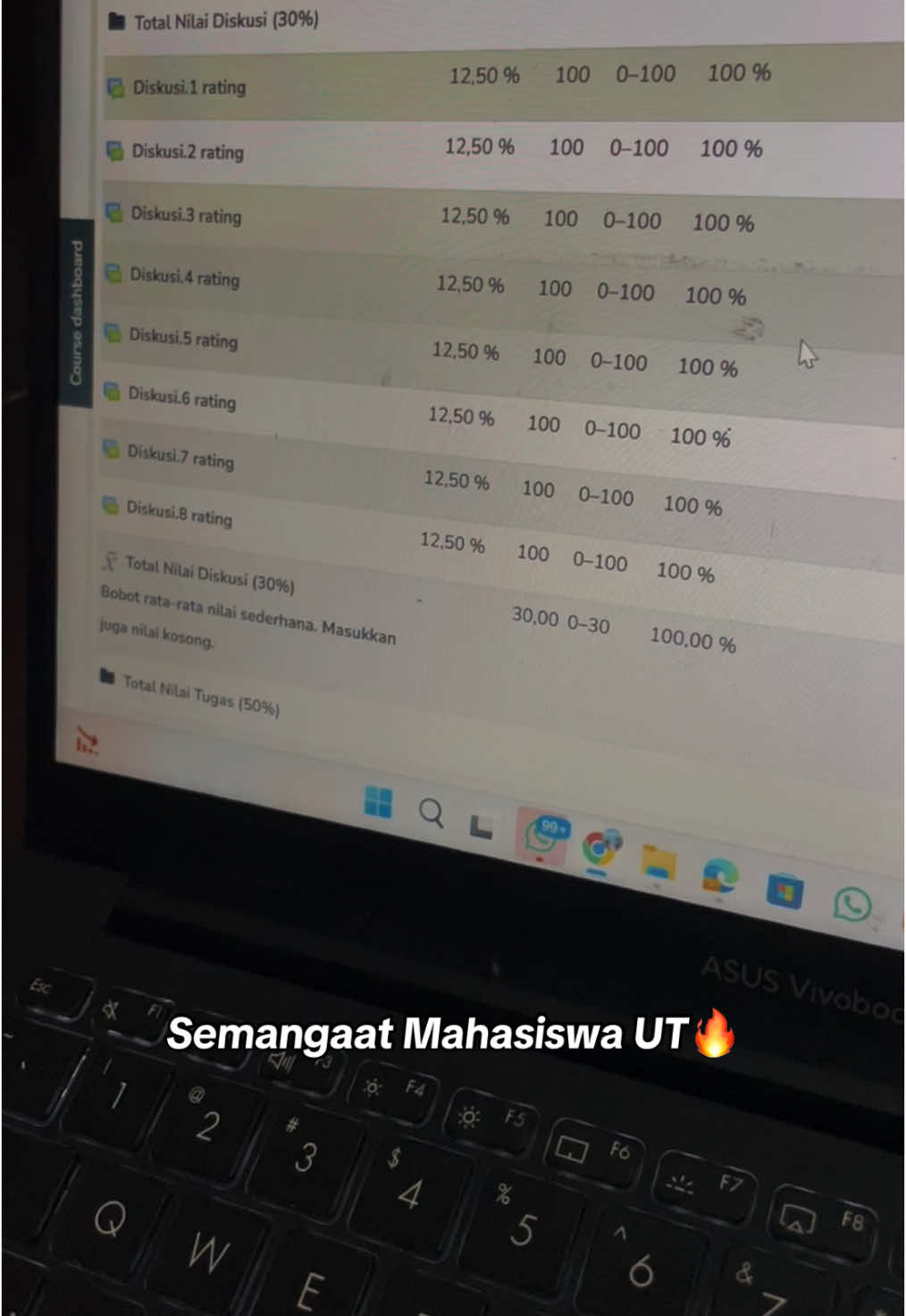 Nilai tuton semester ini alhamdulillah dapat nilai 100 semua matkul🙌 #elearningut #utpride 