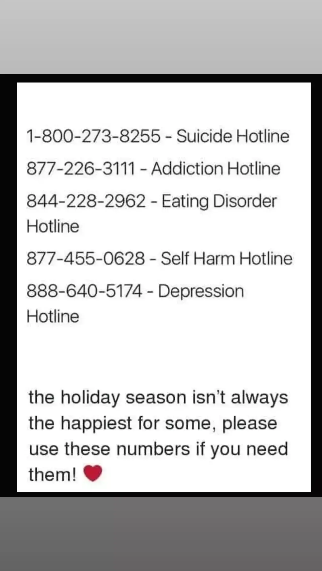 Sometimes the holidays are hard for a lot of us, taking a second to recognize anyone who is having a hard time right now. Don't give up.  #MentalHealth #wellness #hotline #dontgiveup #christmas #newyears  #neversurrender #holidaystress #practicekindness 