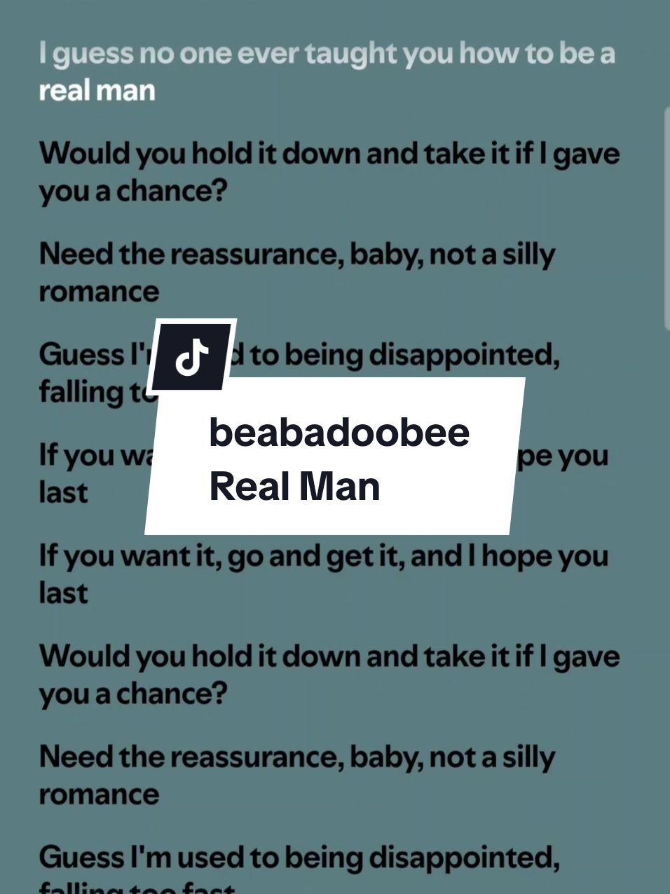 beabadoobee - Real Man #beabadoobee #realman #realmanbeabadoobee  #beabadoobeesong #realmanlyrics #realmanchallenge #dance #challenge #dancechallenge #singalonglyrics #songlyrics #songwithlyrics #musiclyrics #lyricsvideo #songlyrics #lyricsvideosongs #spotify #fyp #fypシ #fypviral 