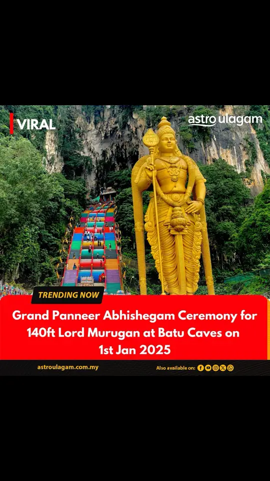 The Panneer Abhishegam ceremony for the towering 140 feet Lord Murugan will take place on January 1, 2025 at 9 AM.