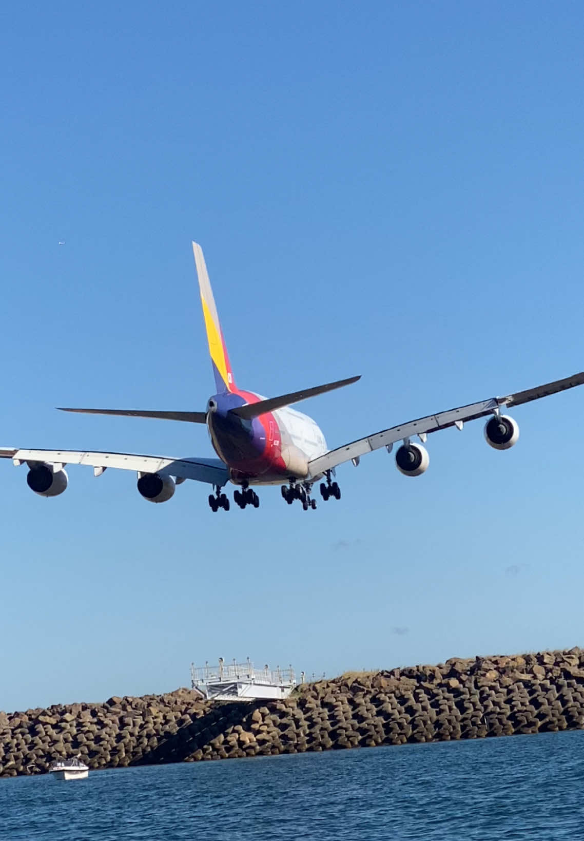 Beautiful day spotting on the boat with the Asiana Airlines A380 flying above us  #sydneyairport #planespotting #airbus #a380 #380 #asianaairlines 