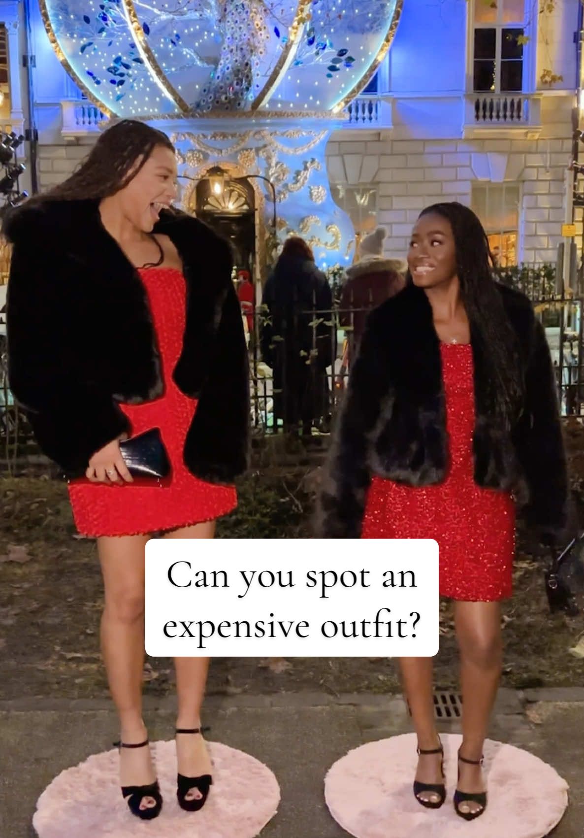 Red mini dress and a fur coat is the ultimate NYE vibe. But one of these  looks costs £3060, and the other? Just £300 👀 #minimic #fashiontiktok #highstreet #designer #guessinggame #inspo #OOTD #sequindress 